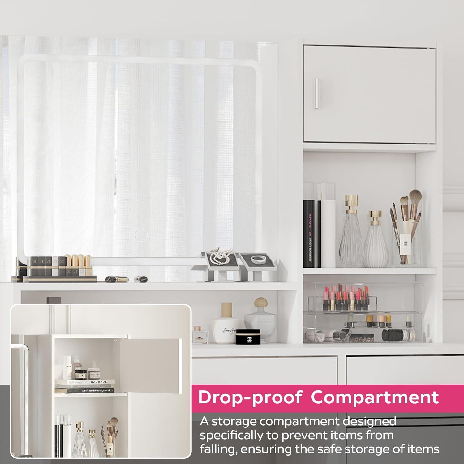 46.7" Vanity Desk with Mirror & LED Lights, Dressing Table with 2 Large Drawers & Vertical Organizer, 3-Tier Storage, 3 Adjustable Lighting Modes, Makeup Desk for Bedroom