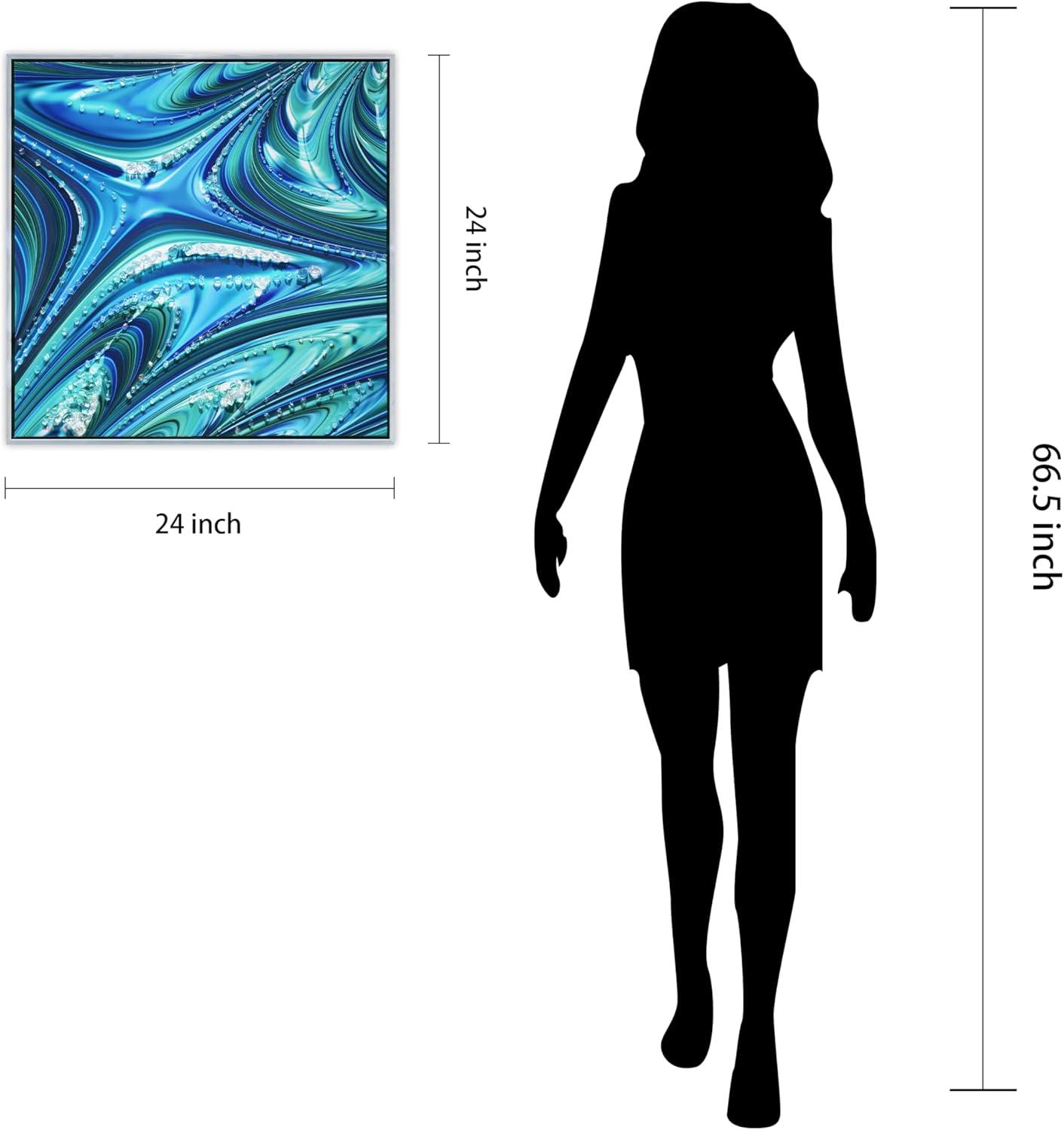 "Ocean Waves II" Crystallus Epoxy Coated Wrapped Framed Glossy Blue Canvas Wall Art with Heavy Acrylic Crystal Shards Embellishments