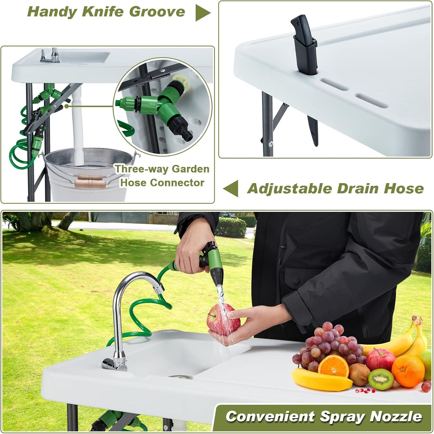 Folding Fish Cleaning Table Portable Camping Sink Table with Faucet Drainage Hose & Sprayer Outdoor Fish Fillet Cleaning Station with Grid Rack & Knife Groove for Picnic Fishing, Grey