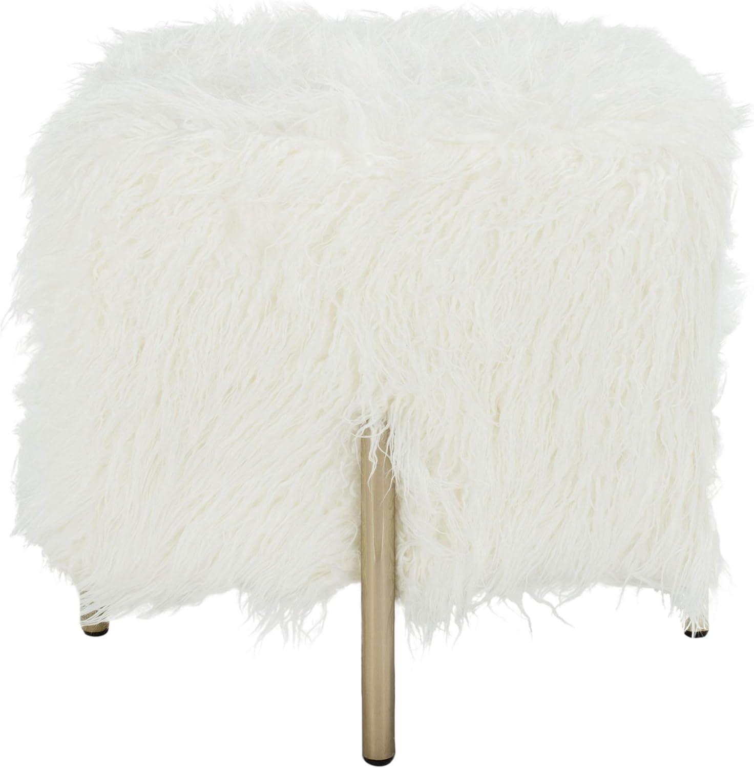 Momina Faux Fur Square Ottoman - White/Brass - Safavieh