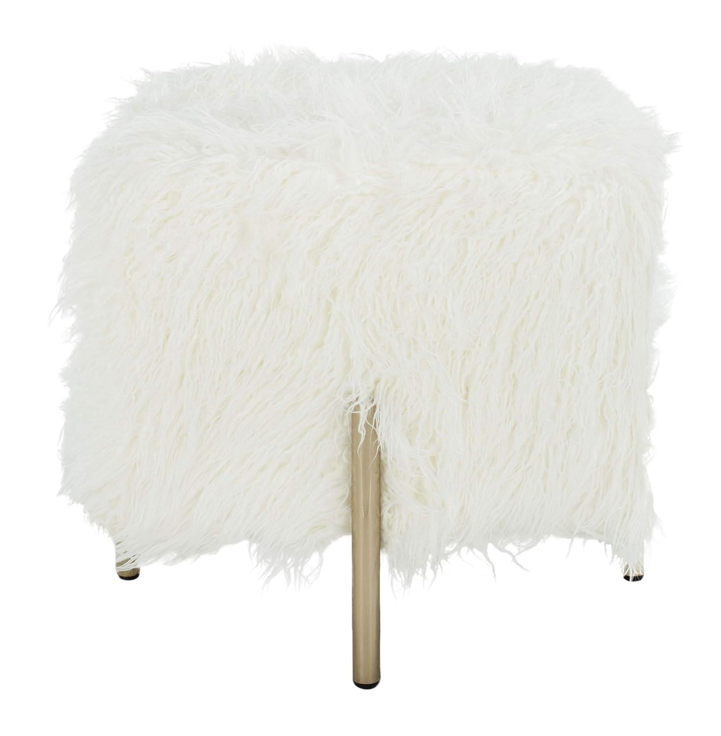 Momina Faux Fur Square Ottoman - White/Brass - Safavieh