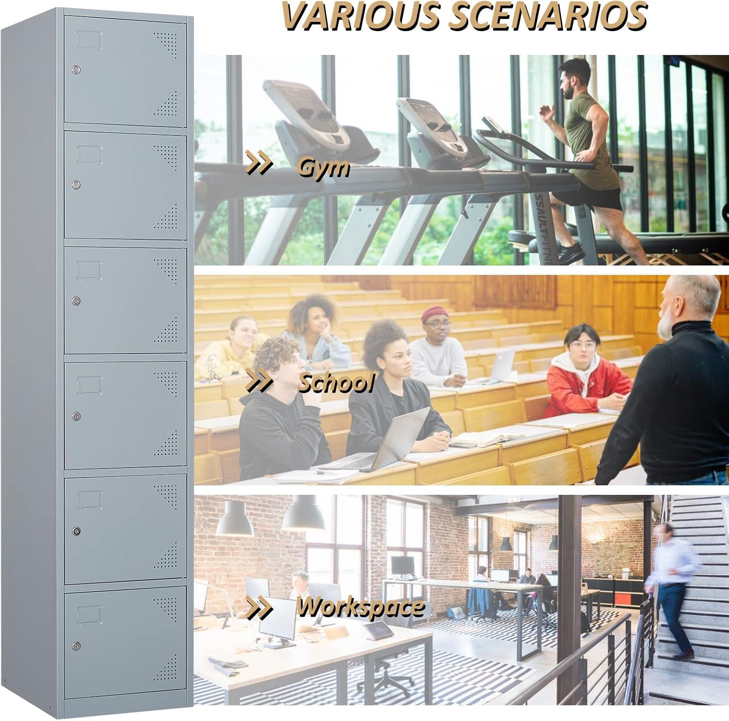 SISESOL Metal Locker Storage Cabinet with Doors and Shelves Metal Lockers with 6 Doors,71" Lockable Small Locker Storage Cabinet for Employees,School, Office, Home, Gym (Gray)