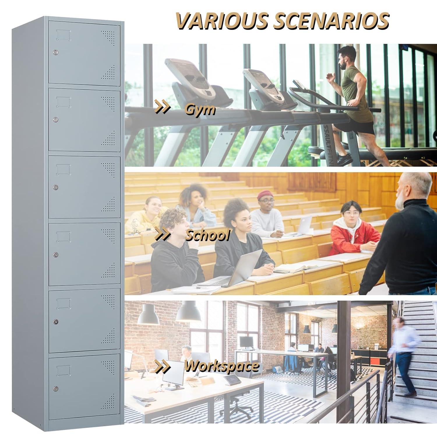 SISESOL Metal Locker Storage Cabinet with Doors and Shelves Metal Lockers with 6 Doors,71" Lockable Small Locker Storage Cabinet for Employees,School, Office, Home, Gym (Gray)