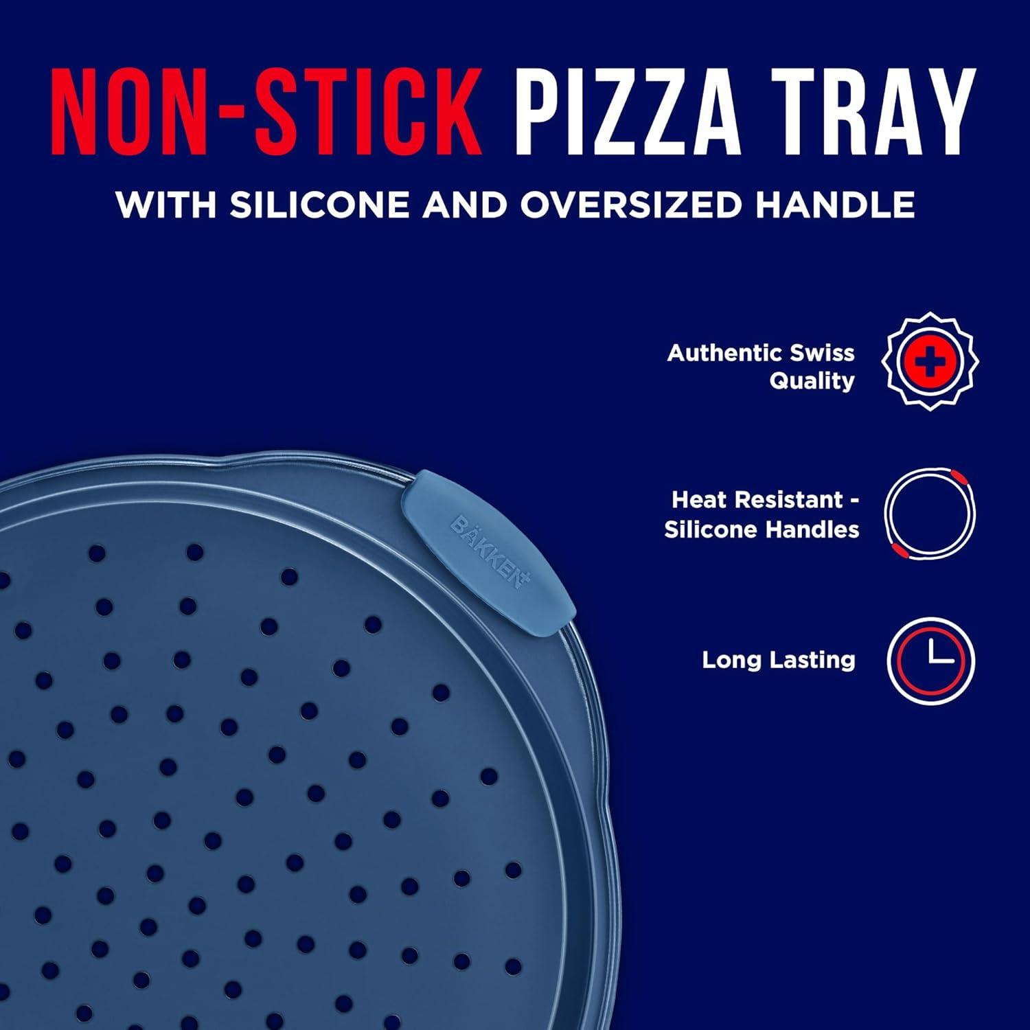 Bakken Pizza Baking Pan - Round Perforated Carbon Steel Pan with Non-Stick Marble Coating, Oversized Silicone Handle, Dishwasher Safe, High-Temperature Resistant, Durable & Easy Cleanup Blue, 1 Pack
