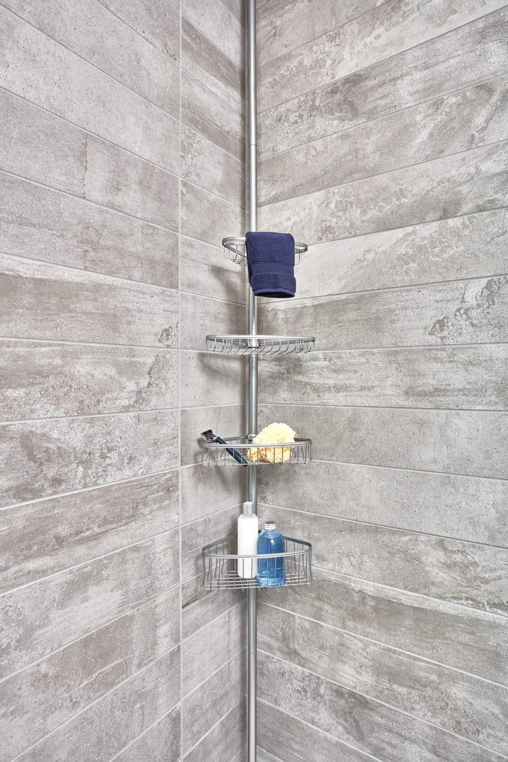 iDESIGN Steel 4 Tier Tension Pole Corner Shower Caddy York Collection Silver