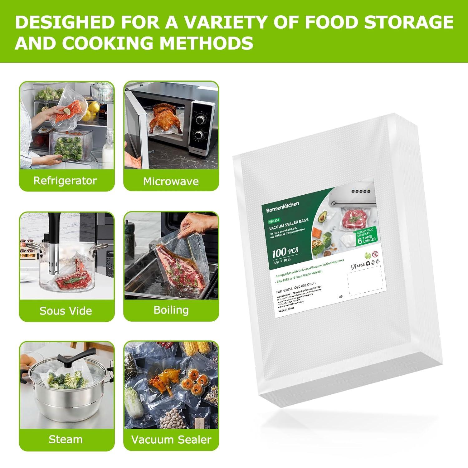 Bonsenkitchen Precut Vacuum Food Sealer Bags 100 Pint 6" x 10", BPA Free, Commercial Grade Textured, Food Storage, Sous Vide Cooking