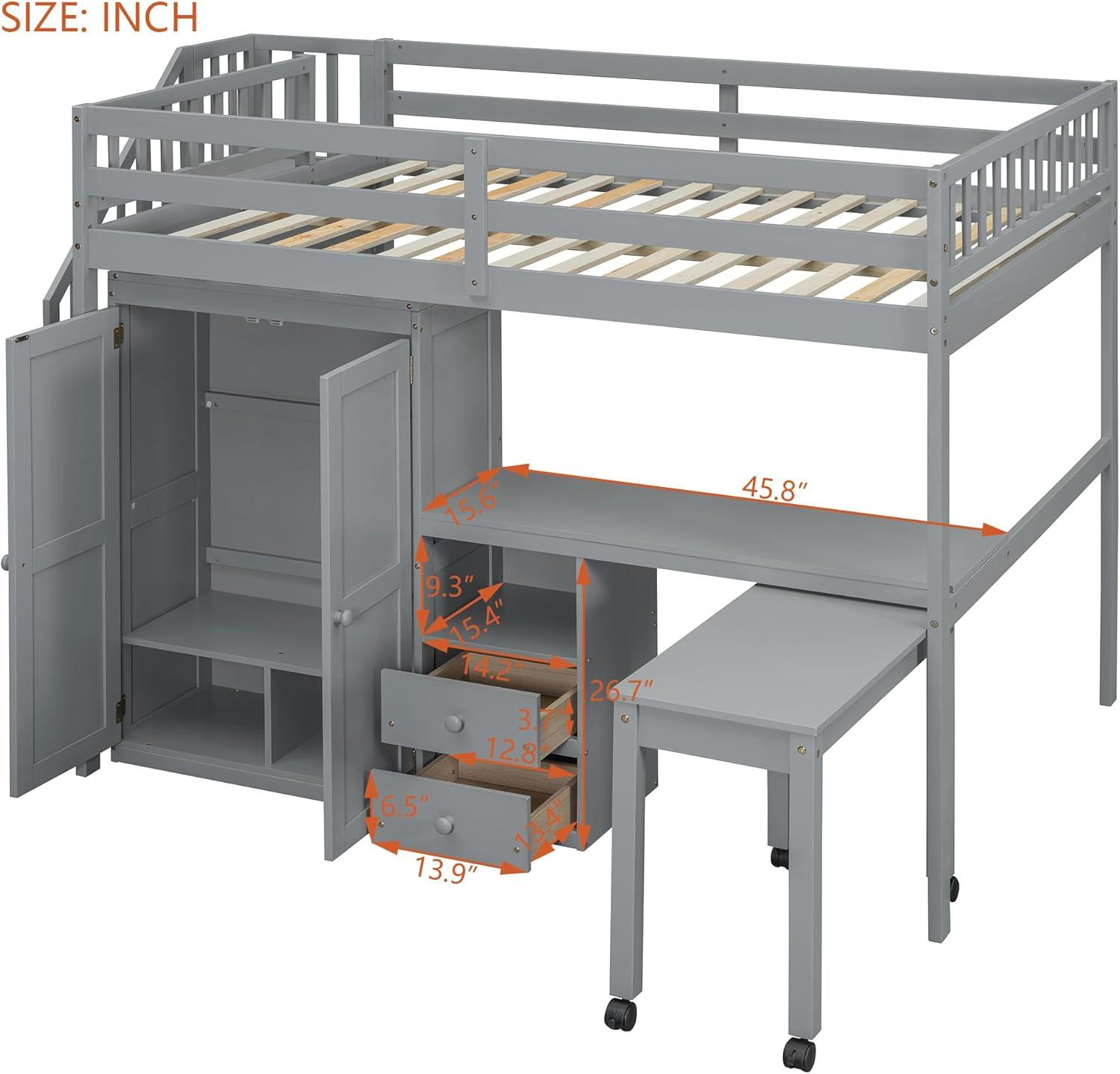 Harper & Bright Designs Full Size Loft Bed with Desk, Wood Full Loft Bed with Stairs, Bookshelf, Drawers & Wardrobe – Space-Saving Multifunctional Furniture, Gray