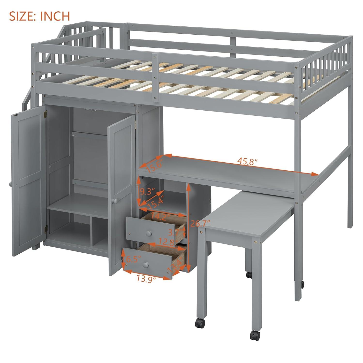 Harper & Bright Designs Full Size Loft Bed with Desk, Wood Full Loft Bed with Stairs, Bookshelf, Drawers & Wardrobe – Space-Saving Multifunctional Furniture, Gray