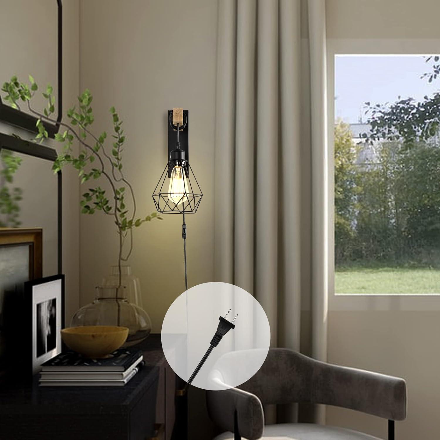 Plug in Wall Sconces Set of 2 with 6 FT On/Off Switch Cord, Wall Light Fixtures Black Industrial Farmhouse Indoor Wall Latern For Bedroom Living Room