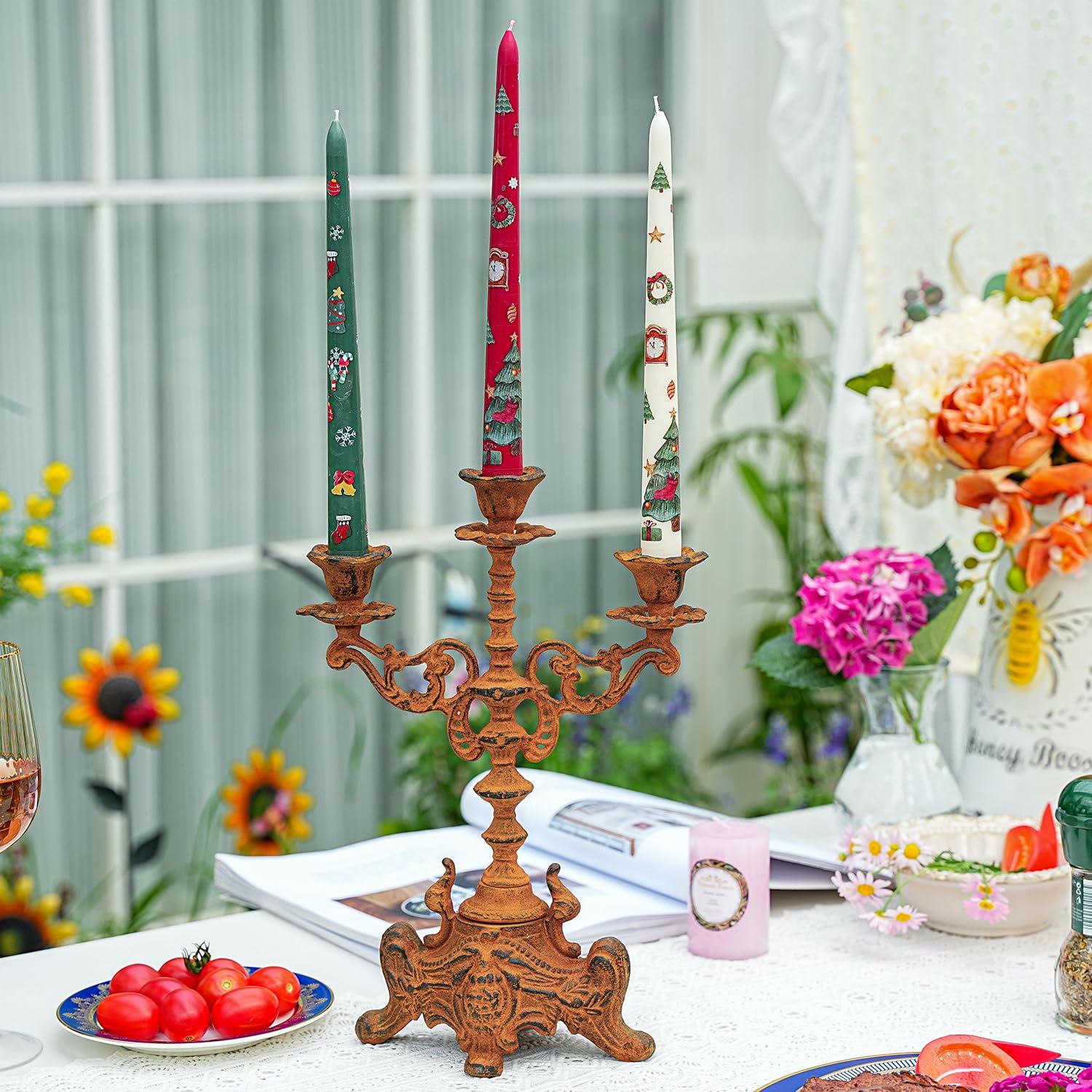 Sungmor Rusty Cast Iron 3 Arm Candelabra, 13" Tall Vintage Candlestick Holder, Decorative Taper Candle Holder, Pretty Centerpiece Candle Stand for Halloween, Christmas, Holiday Décor