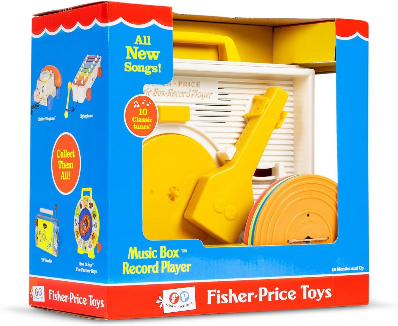 Schylling Fisher Price Classic Toys - Retro Music Box Record Player, Ages 18 Months and Up, Blue/Yellow/White