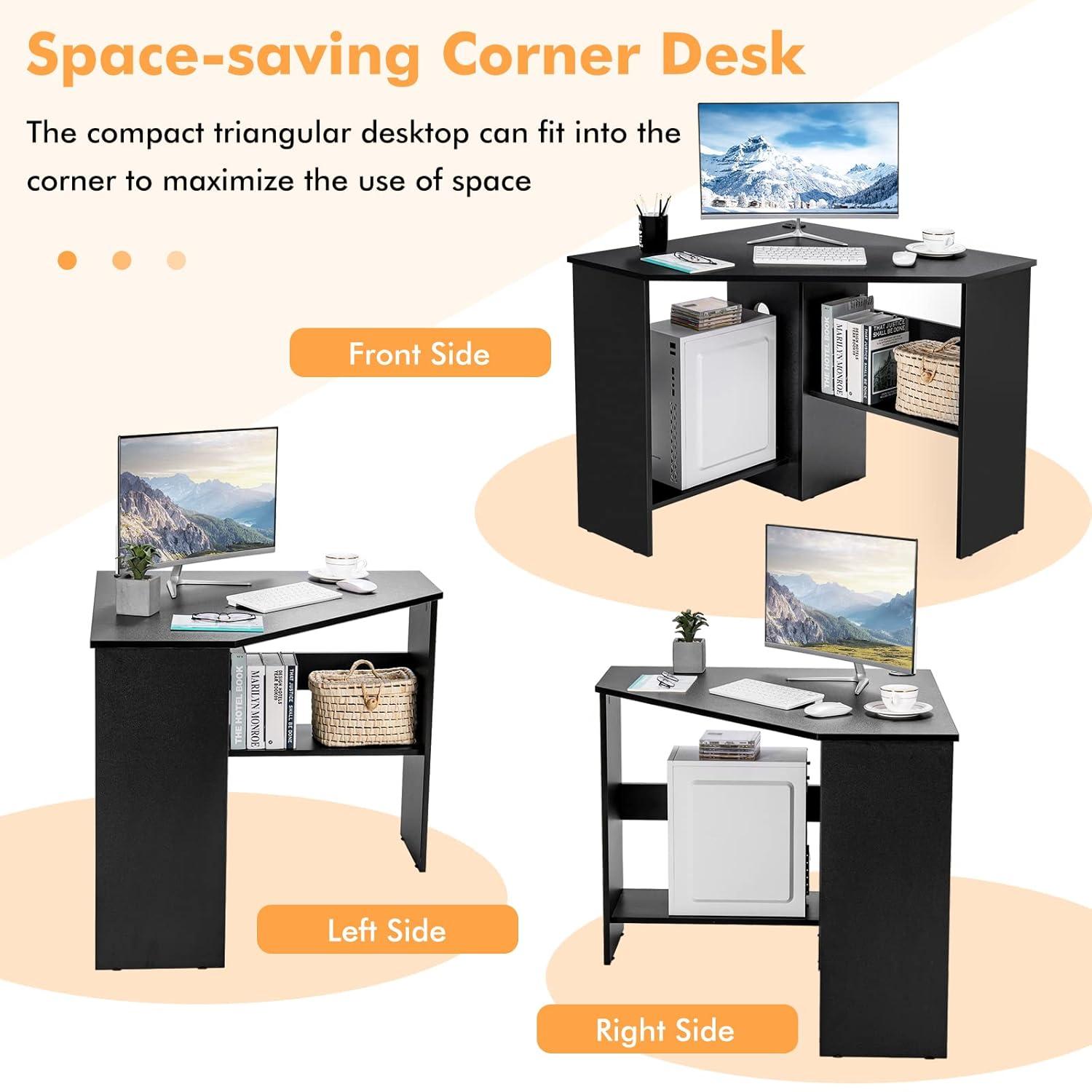 Costway Corner Computer Desk Triangle Writing Workstation w/ Storage Shelf Black