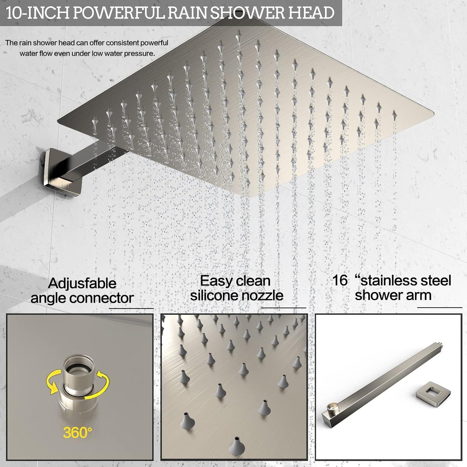 AWZTOO Wall Mounted Shower Faucet With Hand Shower Modern Shower System Set 10 Inch Rainfall Shower Head With Pressure Balance Valve Brushed Nickel