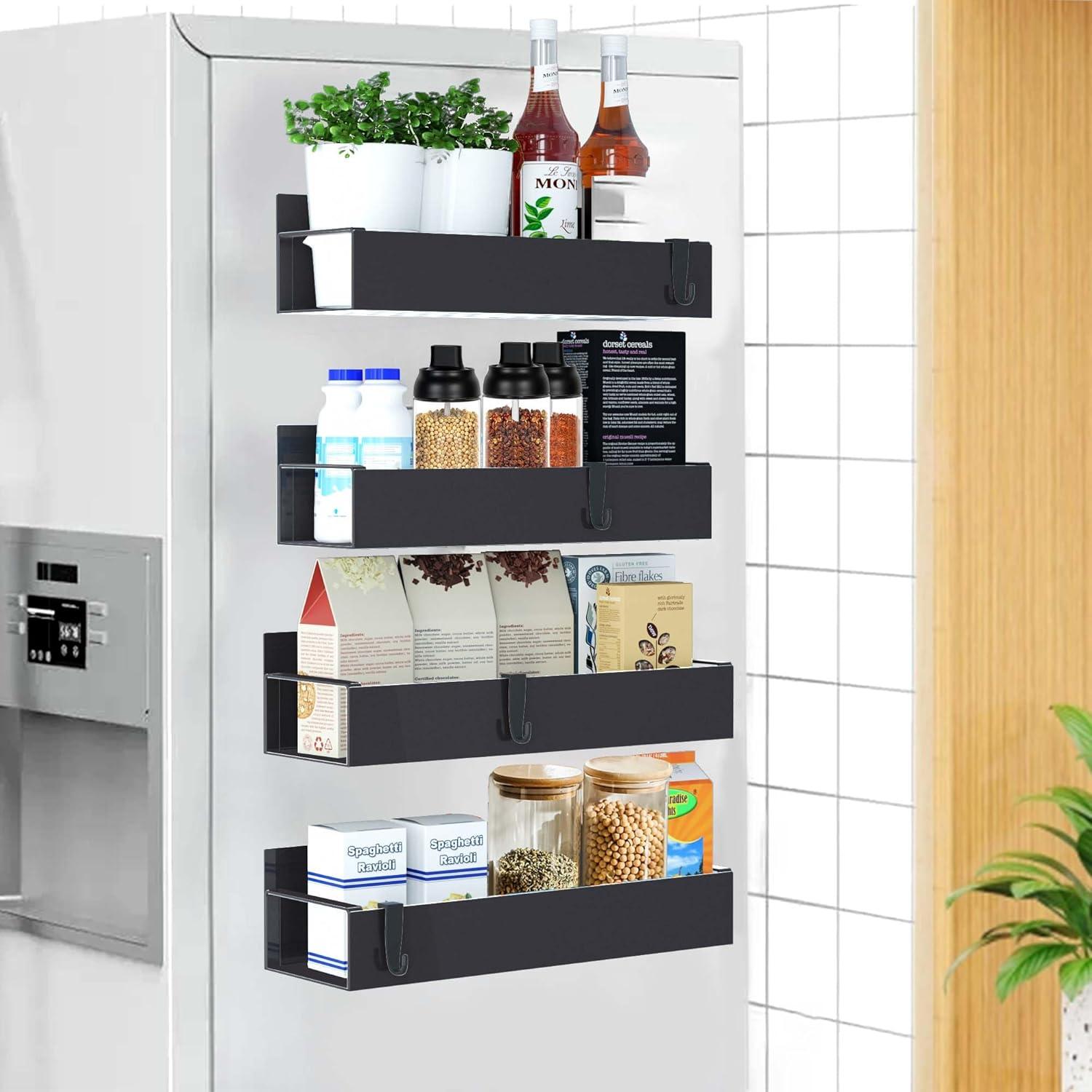 Textiles Hub 4 Pack Magnetic Spice Rack For Refrigerator, Moveable Magnetic Spice Organizer, Black Metal Strong Magnetic Shelf For Fridge And Microwave Oven, Space Saving For Kitchen