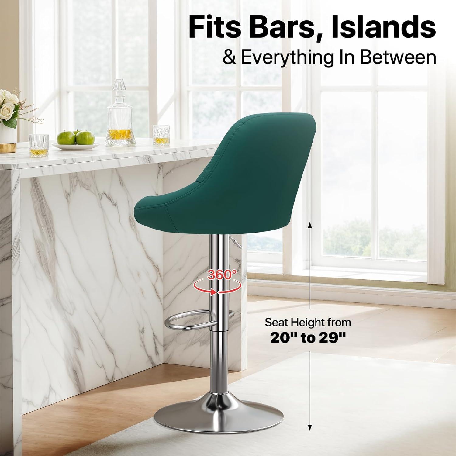 Bar Stools Set of 2, Adjustable Counter Height Swivel Barstools, Modern Dining Chairs Bar Pub High Stool with Back for Kitchen Island, Teal Green