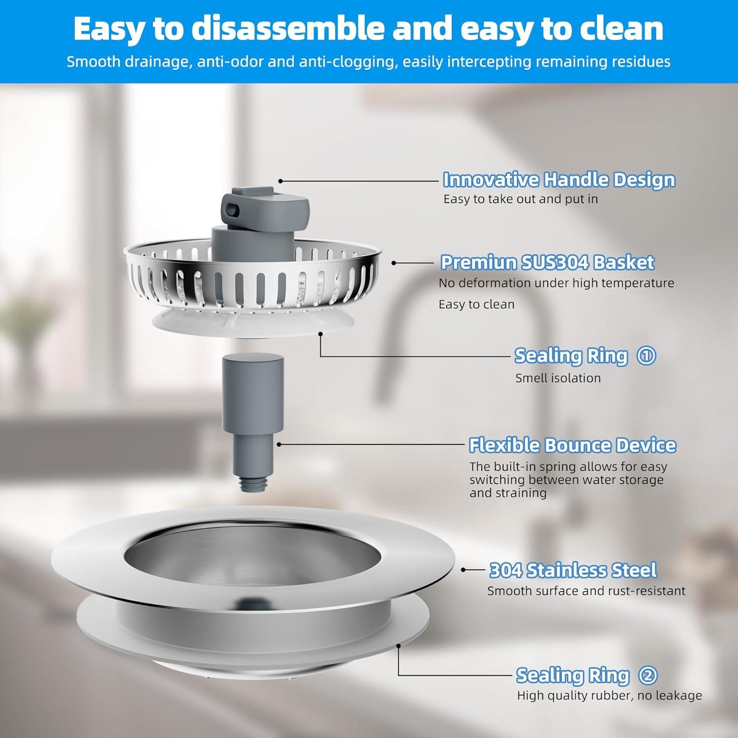 Hibbent 3-in-1 Kitchen Sink Drain Strainer  Stopper , Stainless Steel Pop-Up Design, Anti-Clogging Metal Basket with Handle, Compatible with US Standard 3-1/2" Drain