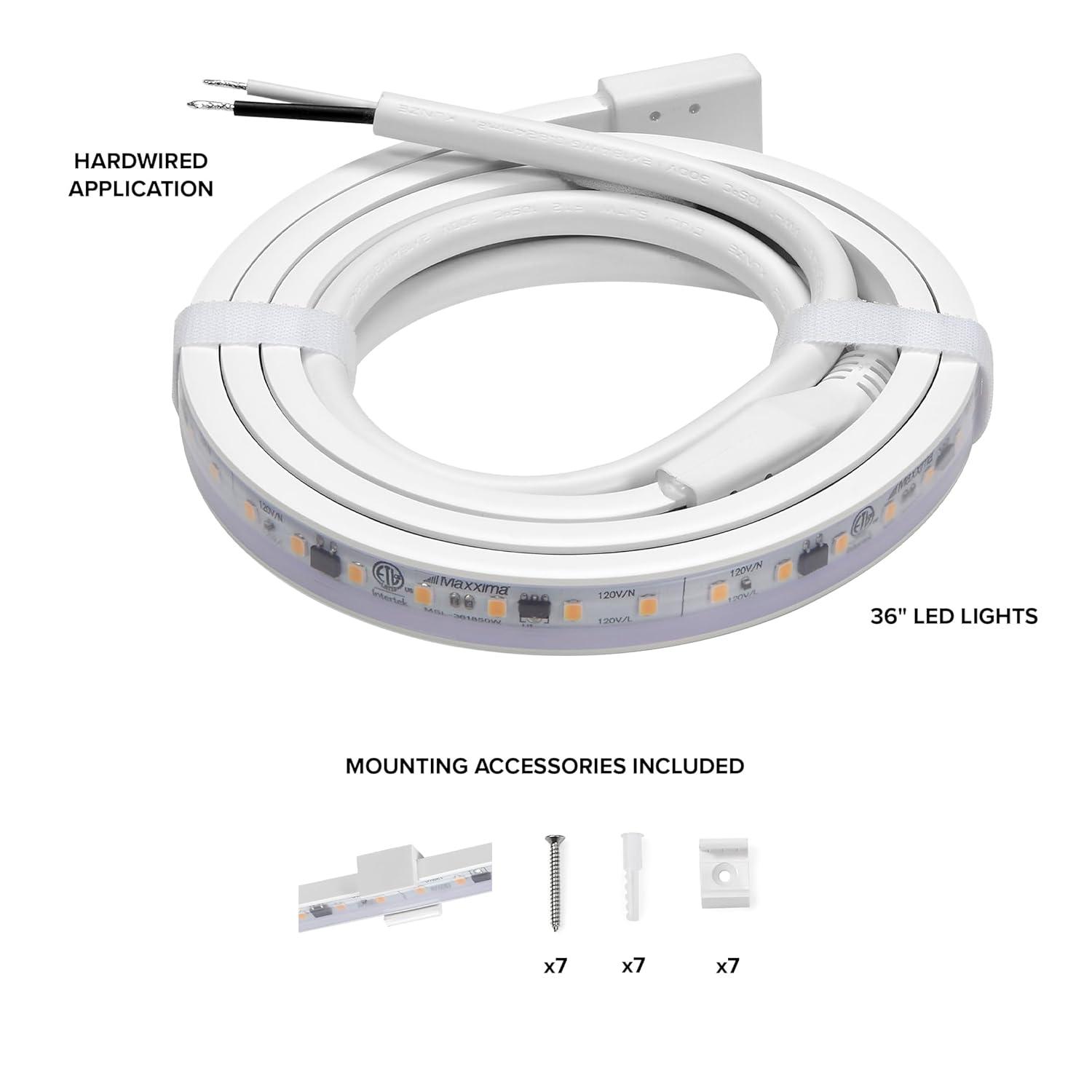 Maxxima 36 in. LED Under Cabinet Strip Light, Hardwired, 1380 Lumens, 3000K Warm White, 120V White Cove Light
