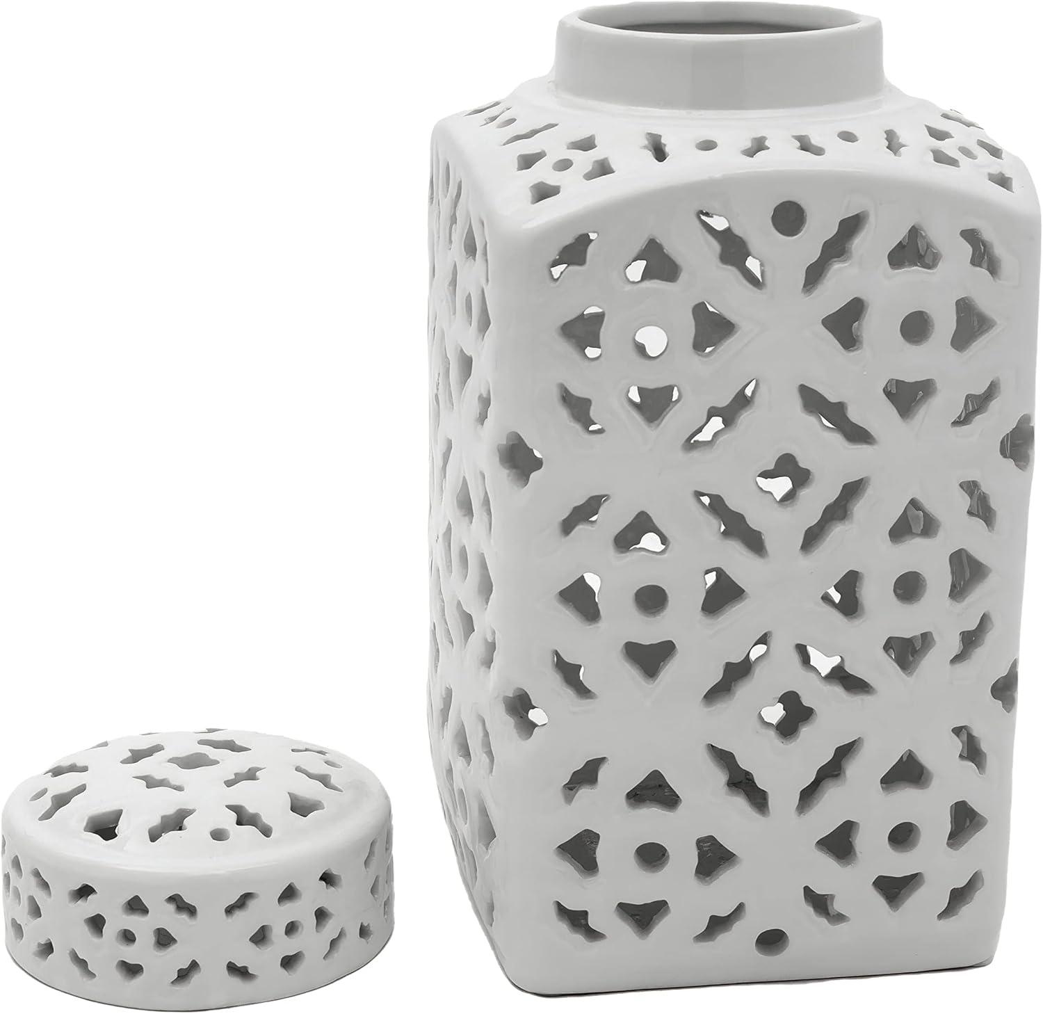12" White Carved Square Ginger Jar