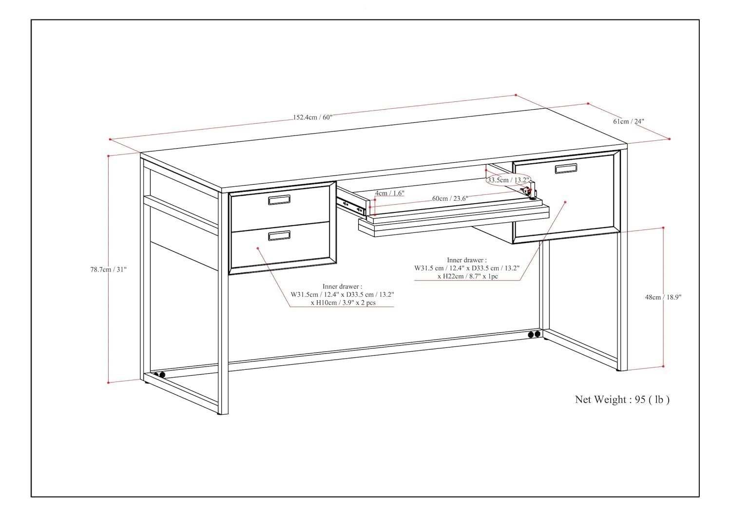 Simpli Home Richmond 60"W Solid Acacia Wood Desk, Industrial Style with Keyboard Tray and 3 Drawers