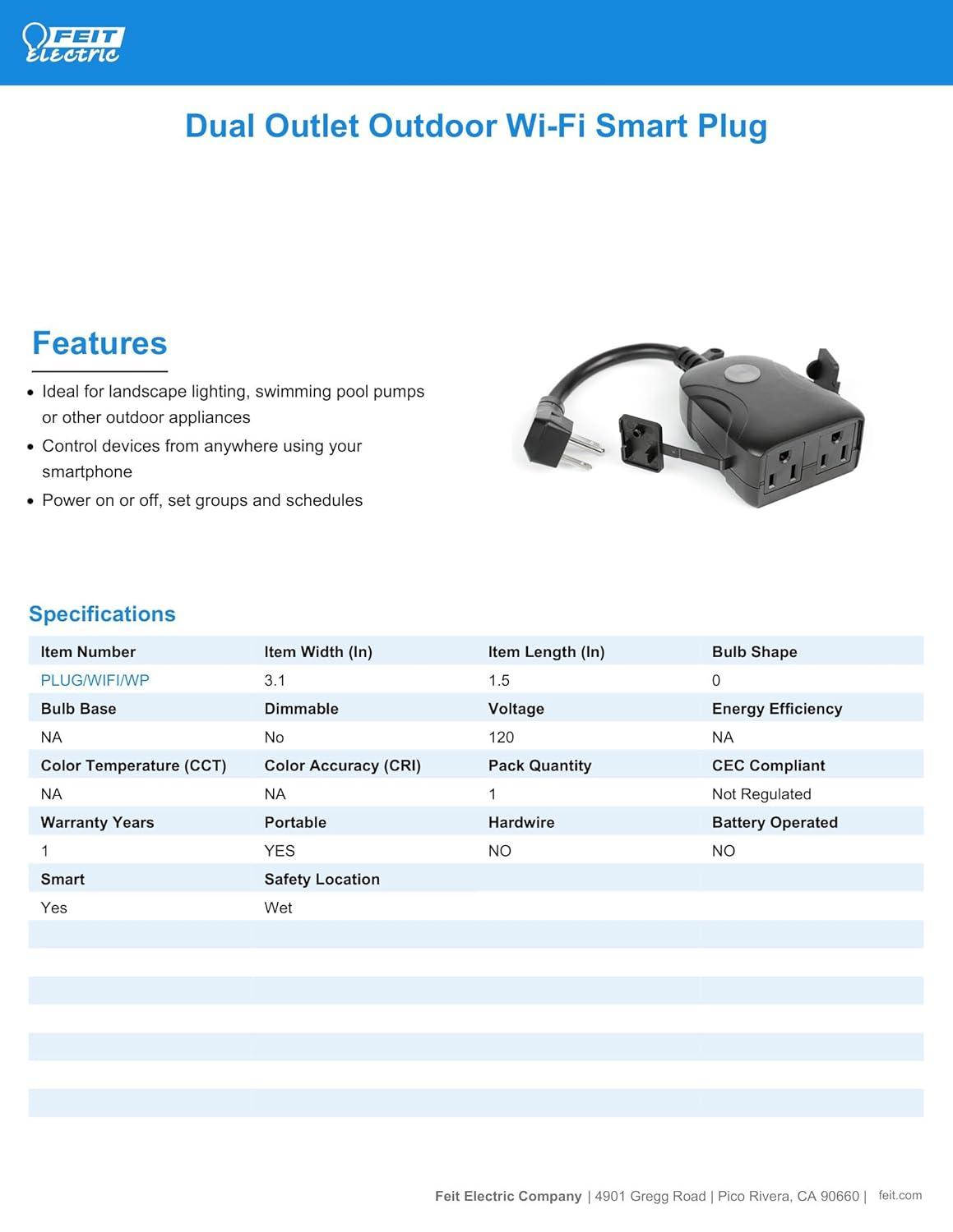 Feit Electric Commercial and Residential PVC Smart Dual Outlet Outdoor Plug w/Wifi 3R