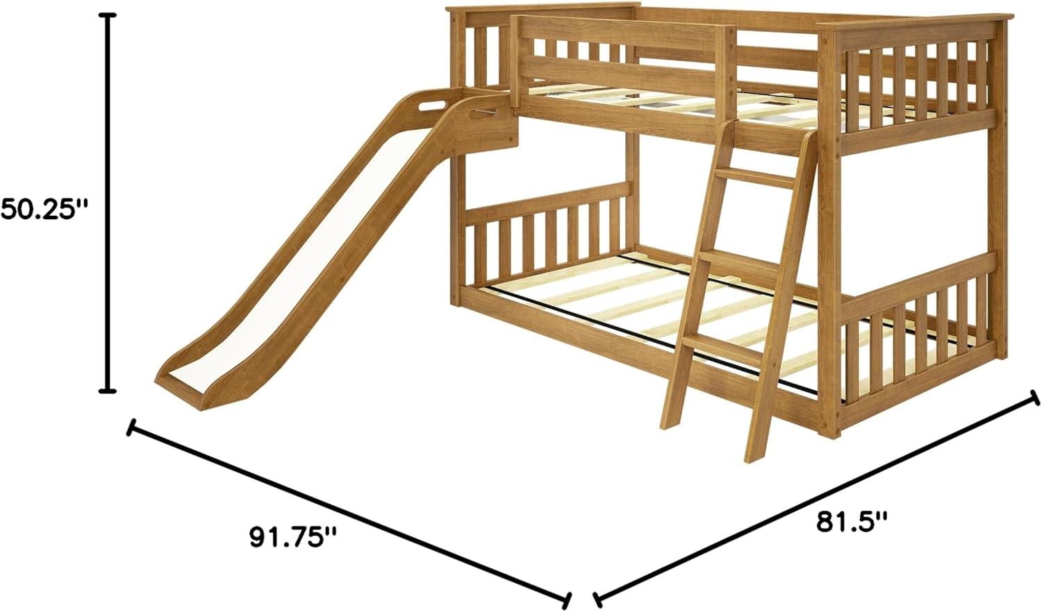 Max & Lily Twin Over Twin Low Bunk Bed with Slide, Solid Wood Kids Platform Bed with 14” Guardrails, Pecan