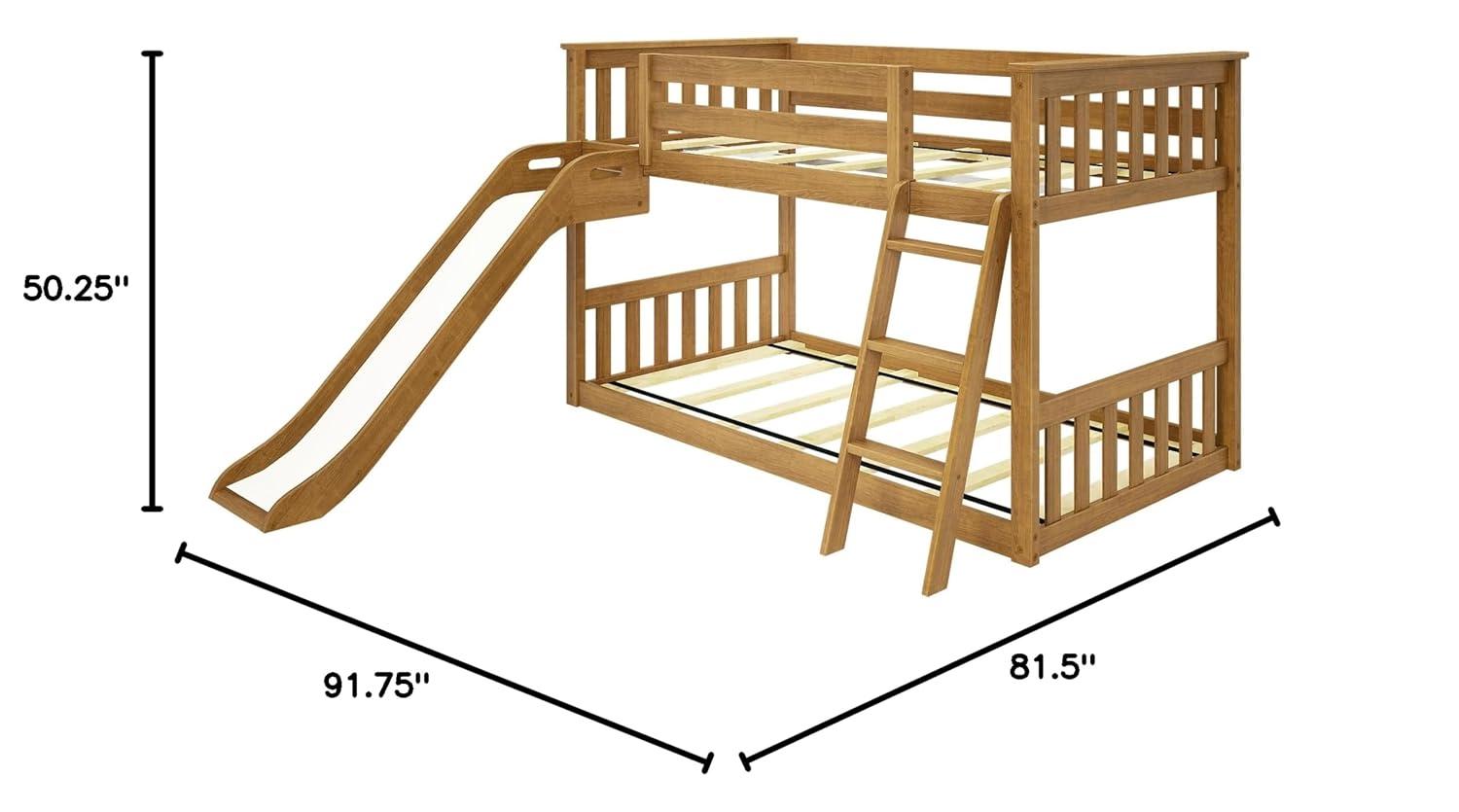 Max & Lily Twin Over Twin Low Bunk Bed with Slide, Solid Wood Kids Platform Bed with 14” Guardrails, Pecan