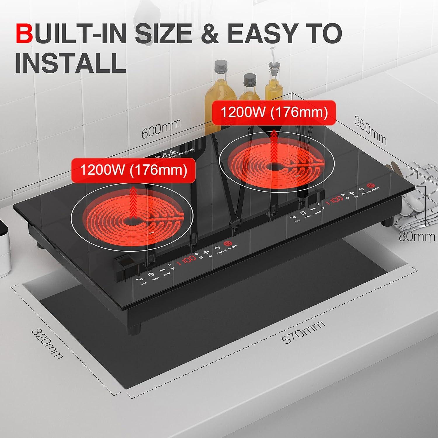 2400w Electric Cooktop, 24" Electric Stove 2 Burner Hot Plate Built-in Double Burner Cooktop with LED Touch Screen,9 Heating 9 Temperature,Kids Lock & Timer,Suitable for all Pans