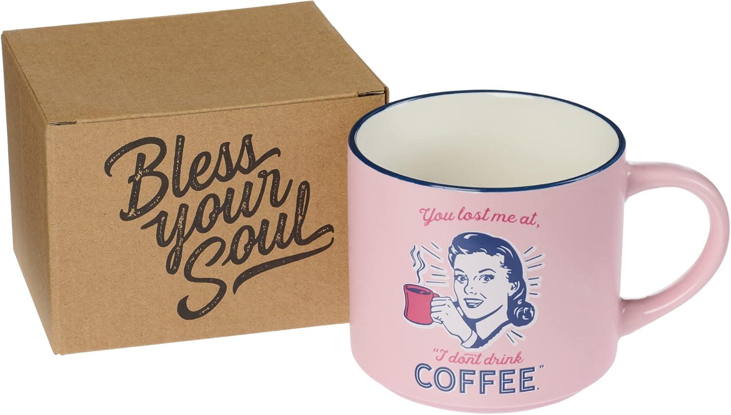 Bless Your Soul XL Pink Coffee Mug You Lost Me At No Coffee, Funny Birthday Gifts for Women, Mom, Co-worker Boss, Retro-Inspired Designs - 15oz Cup