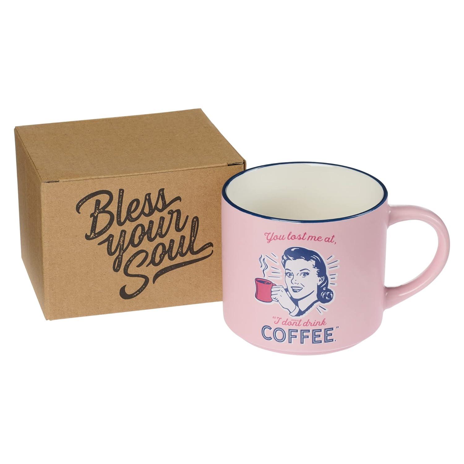 Bless Your Soul XL Pink Coffee Mug You Lost Me At No Coffee, Funny Birthday Gifts for Women, Mom, Co-worker Boss, Retro-Inspired Designs - 15oz Cup