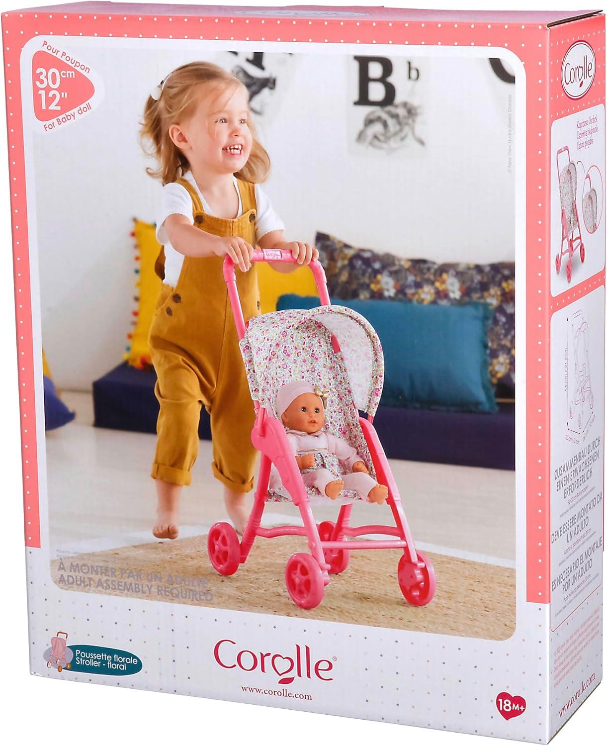 Corolle Baby Doll Stroller with Folding Canopy - Mon Premier Poupon Accessory Fits 12" Dolls, Pink/Floral Pattern, for Kids Ages 18 Months and up