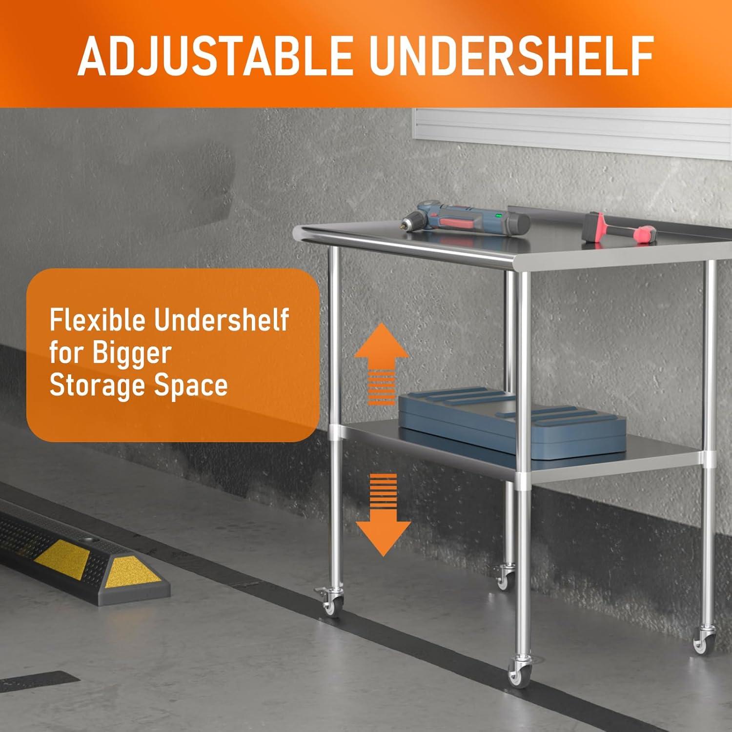 36"x24" Stainless Steel Kitchen Work Prep Table Commercial Workbench With Wheels