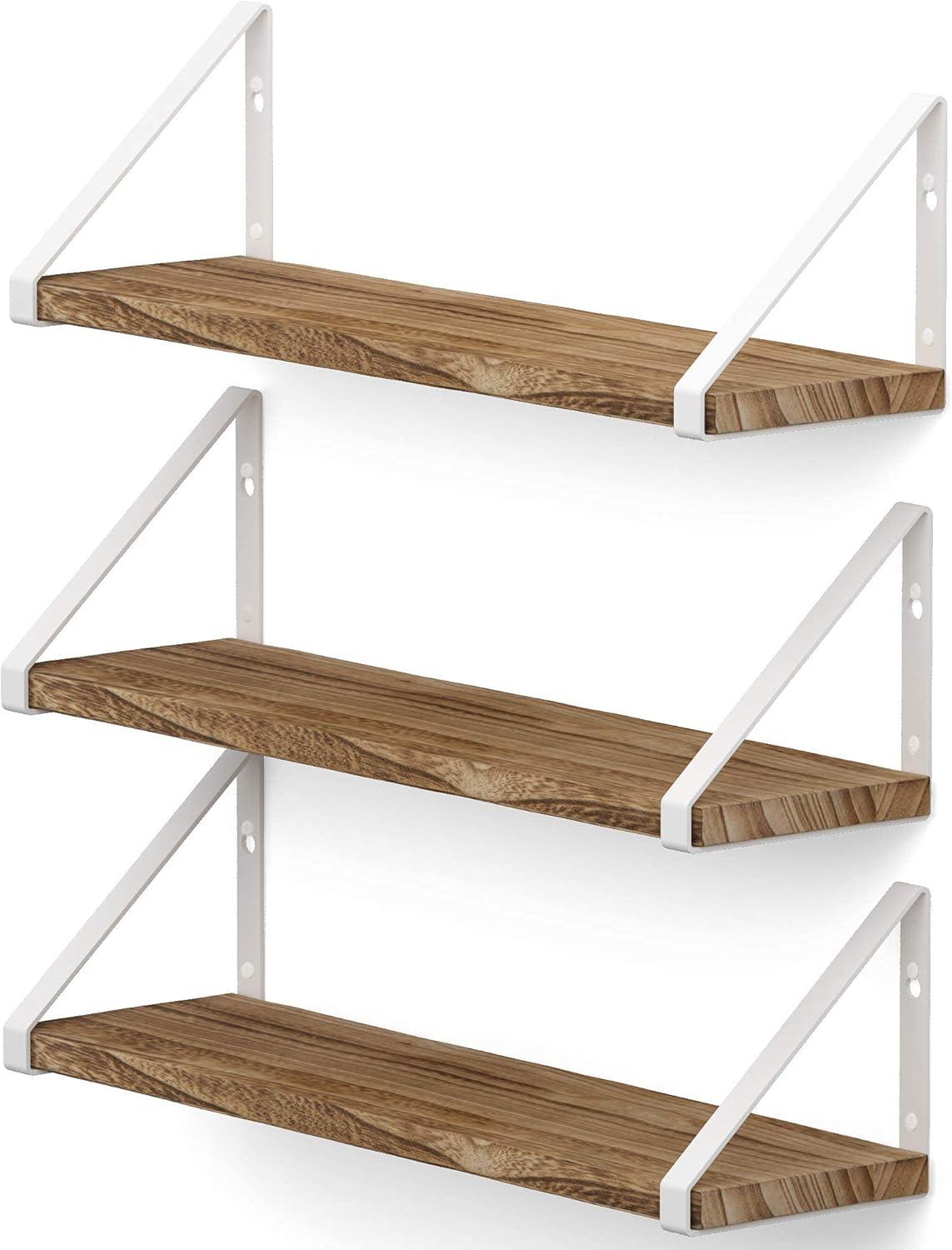 Wallniture Ponza Floating Shelves for Wall, Bathroom Shelf Wall Mounted, Set of 3, Burned Finish Wood Shelves with White Shelf Brackets