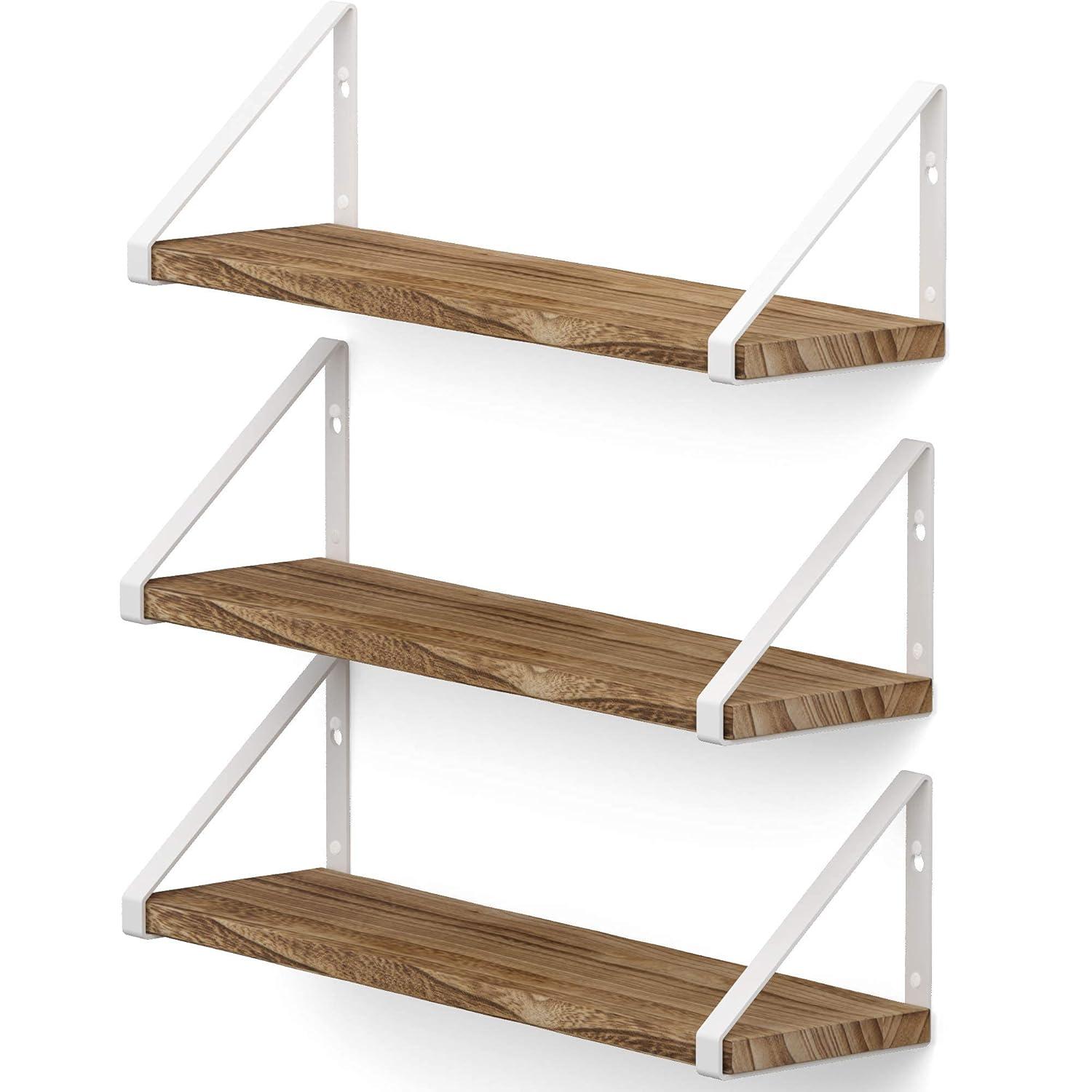 Wallniture Ponza Floating Shelves for Wall, Bathroom Shelf Wall Mounted, Set of 3, Burned Finish Wood Shelves with White Shelf Brackets