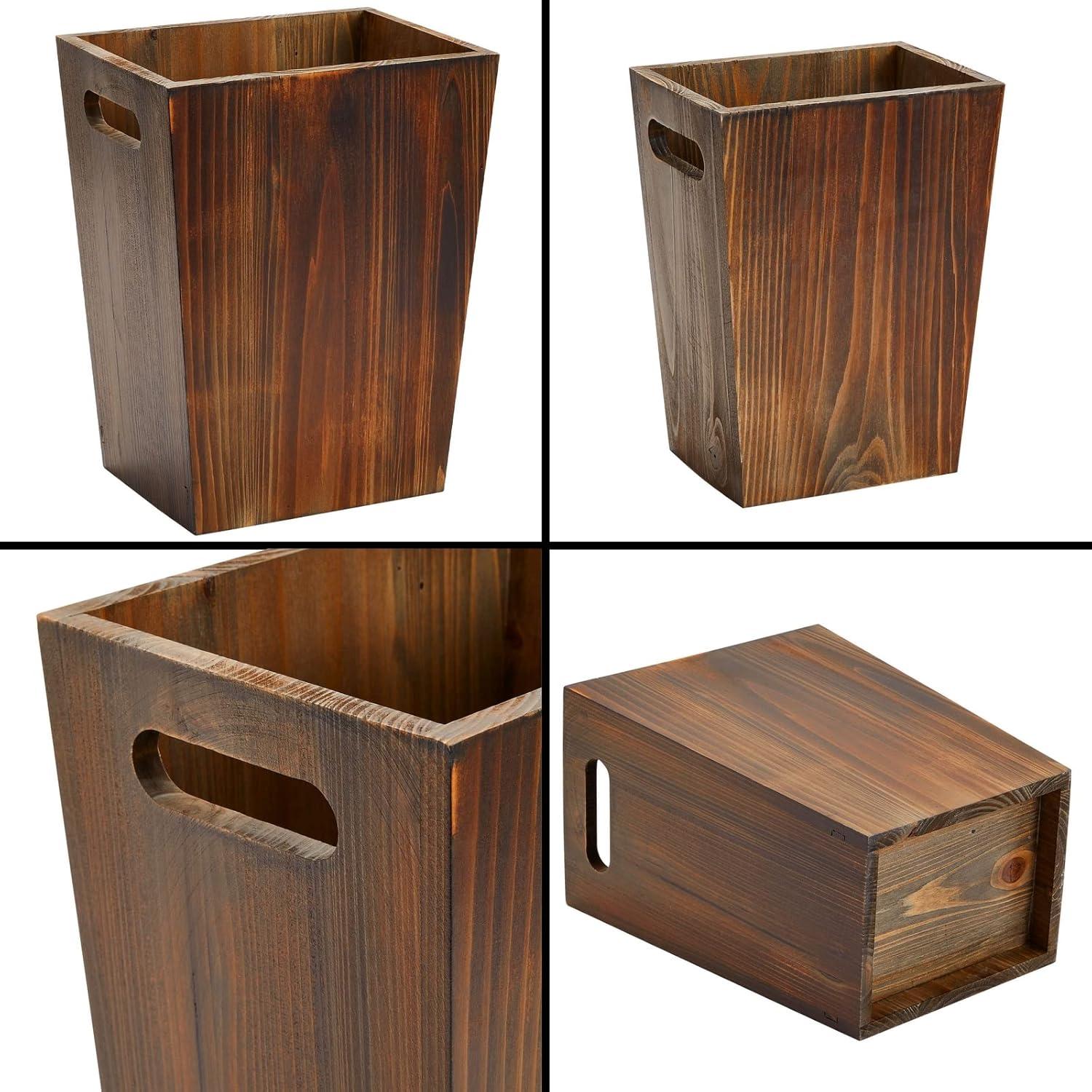 Rustic Brown Fir Wood Office Trash Can Set with Handles