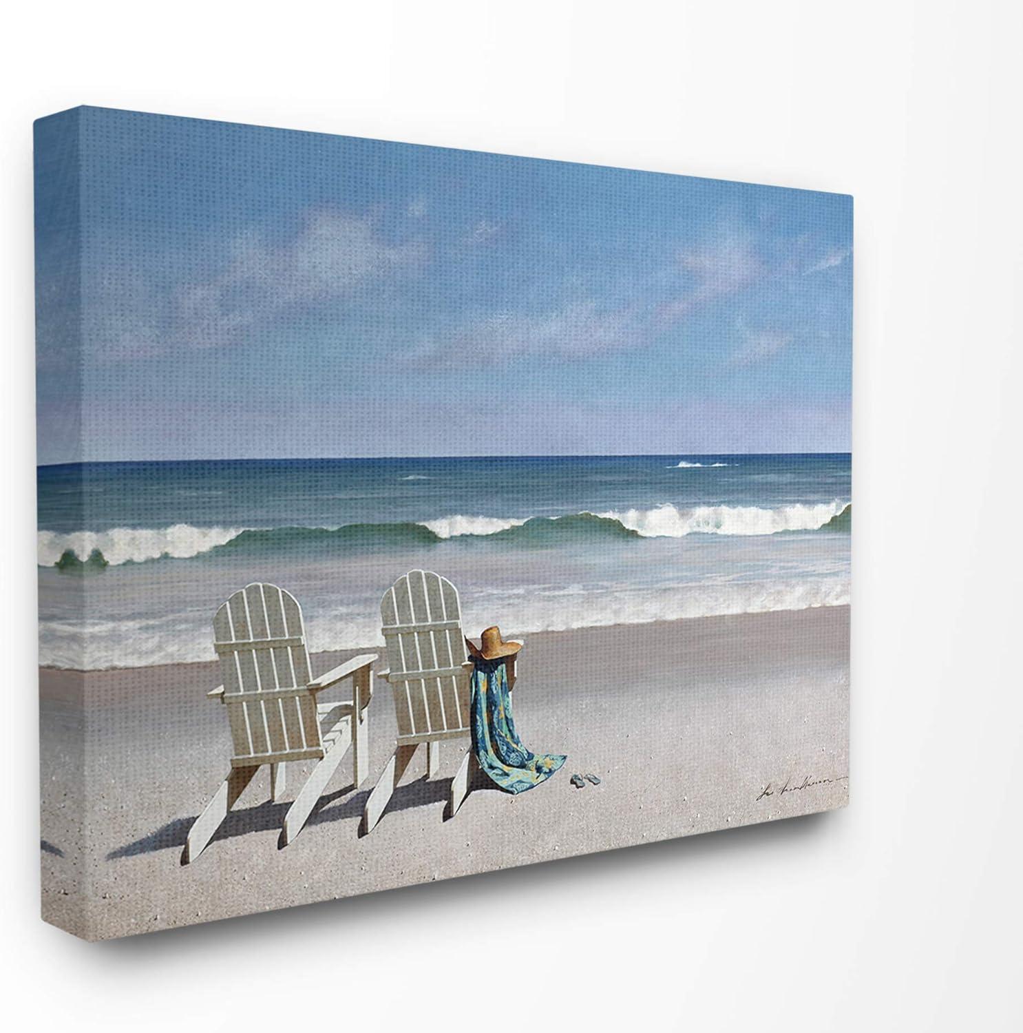 Shadudu The Stupell Home Decor Two White Chairs on The Beach Stretched Canvas Wall Art, 20x16-inch, Multi-Color 20x16in