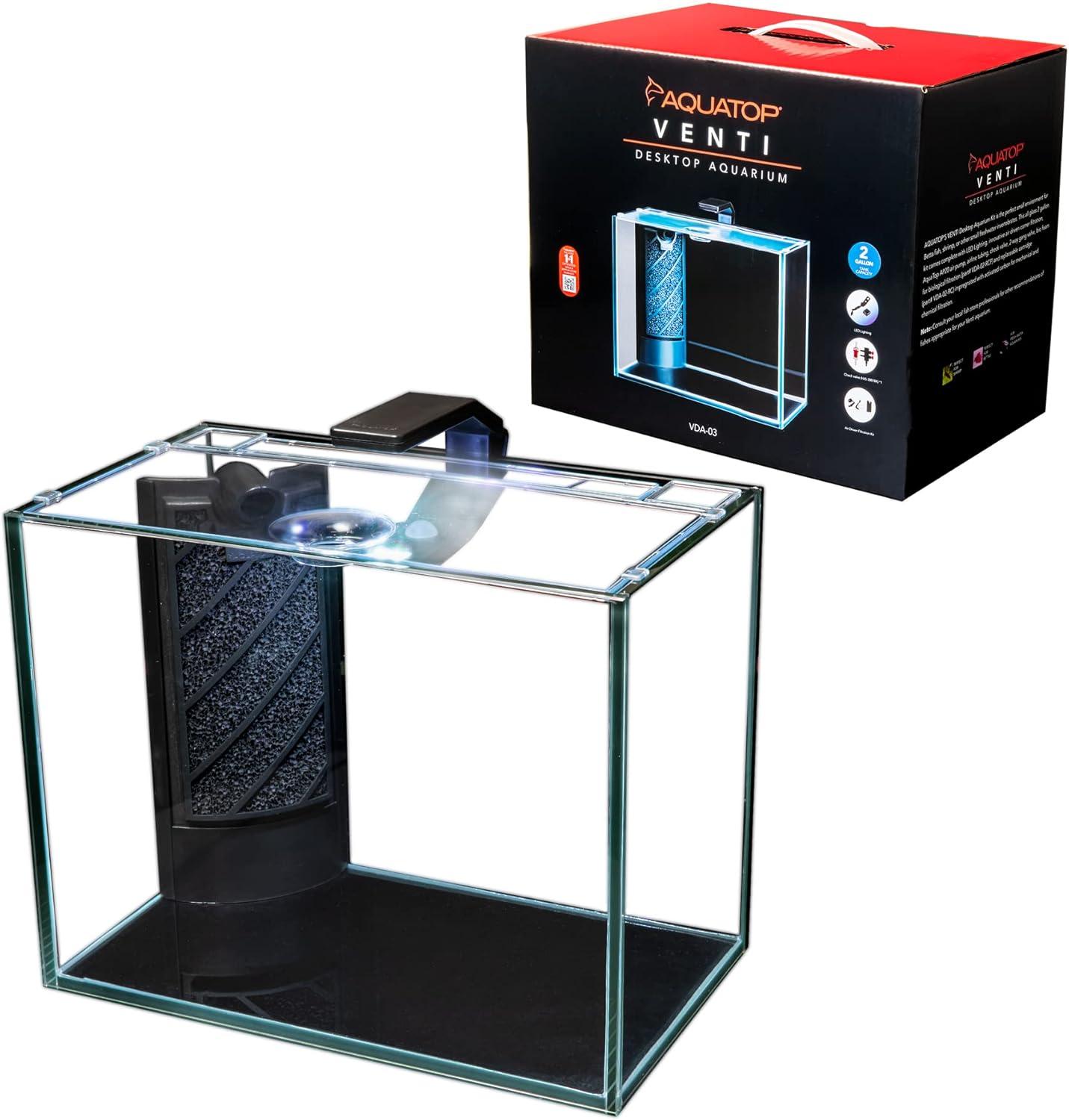 Aquatop Venti Air Driven Glass Aquarium Tank, 0.5 cm Showcase Glass Complete Kit Includes 2 Gal Fish Tank, LED Light, Breza Air Pump and Easy to Change Filter Cartridge, VDA-03