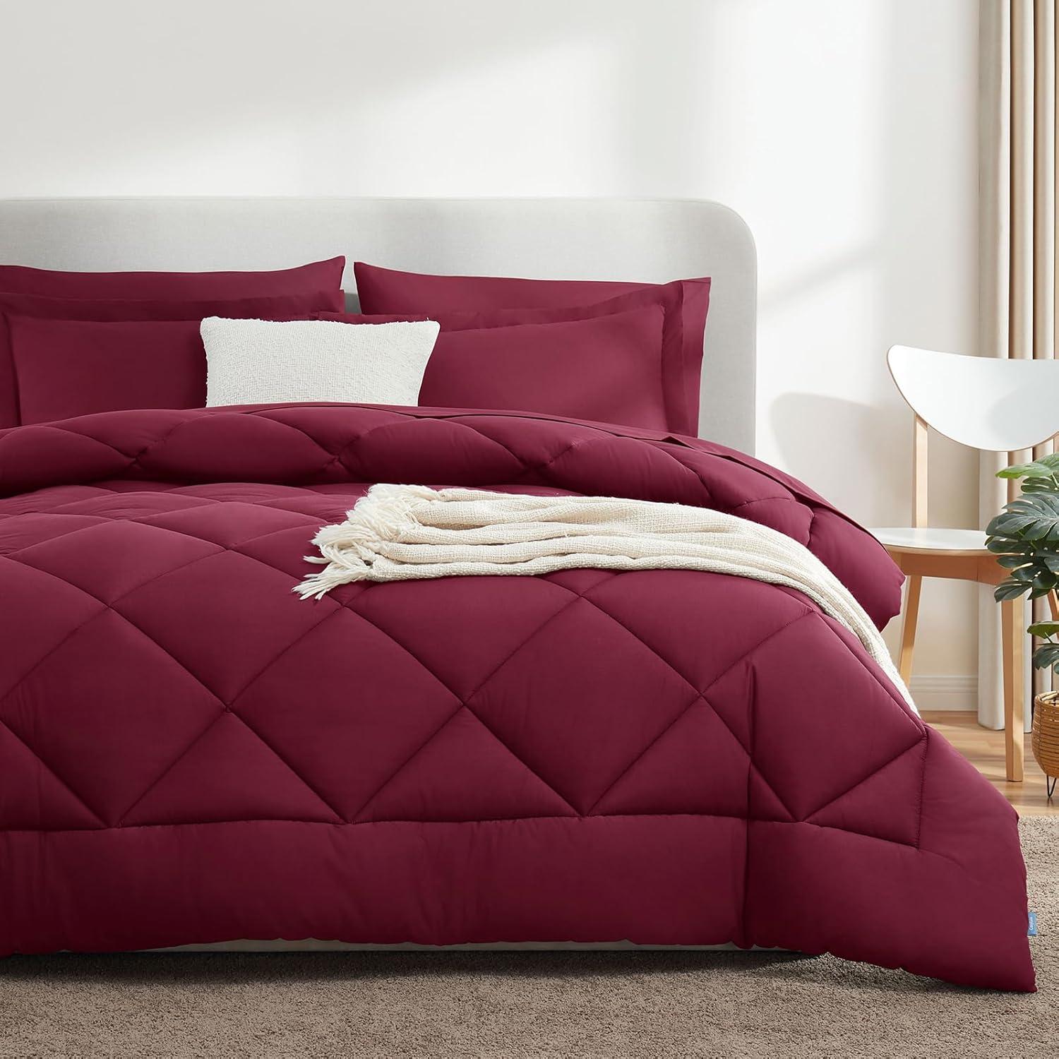 CozyLux Burgundy Comforter Set Queen 7 Pieces Red Comforter Set Queen Bedding Sets Maroon Wine with All Season Quilted Comforter, Flat Sheet, Fitted Sheet, Pillowcases