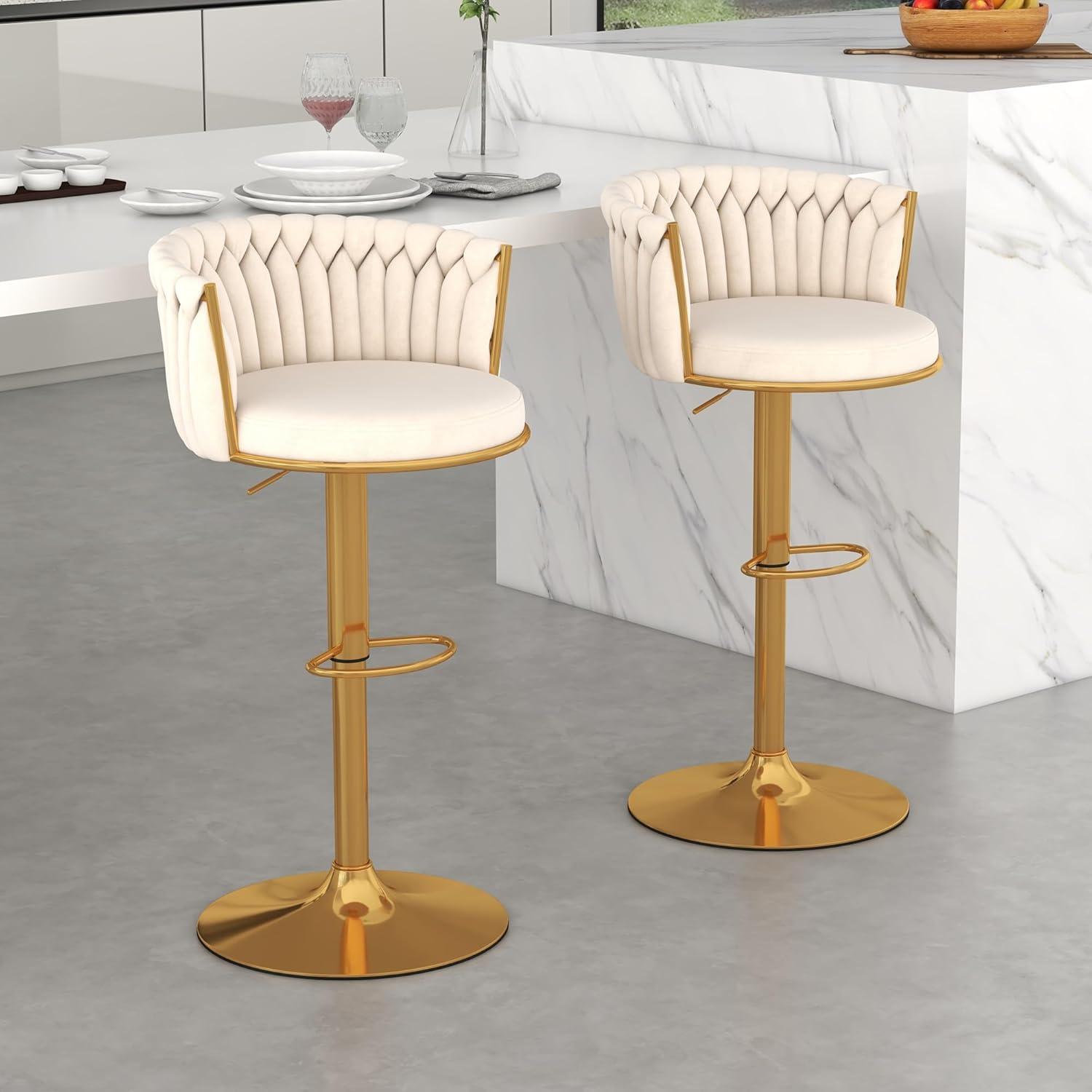 Counter Height Stools Set of 2, Velvet Bar Stools with 27 Inches Upholstered Seat Height, Handmade Woven Back Armrest, Sturdy Golden Metal Legs for Home Dining Pub Kitchen Island, Beige