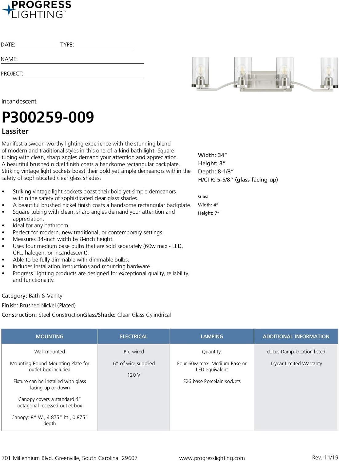 Progress Lighting Lassiter 4-Light Bath Light, Brushed Nickel, Clear Glass Shades