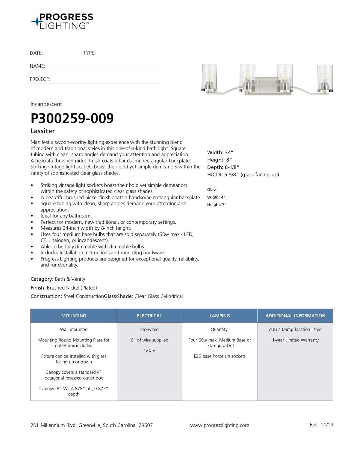 Progress Lighting Lassiter 4-Light Bath Light, Brushed Nickel, Clear Glass Shades