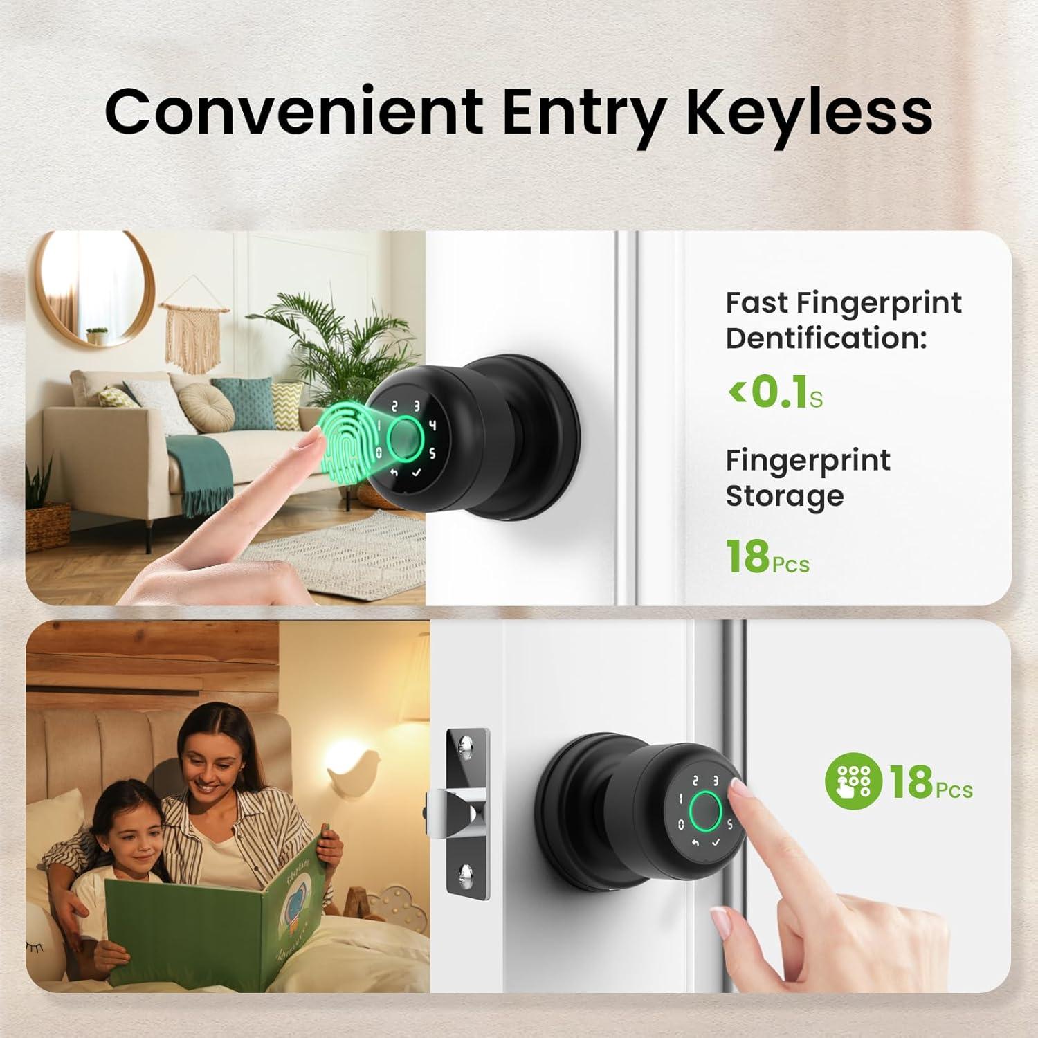 GHome 4 in 1 Smart Fingerprint Door Knob with Keypad Door Lock, Biometric Smart Door Knobs & App Control, Keyless Entry Door Lock Great for Home, Bedroom, Apartment Offices, Garages