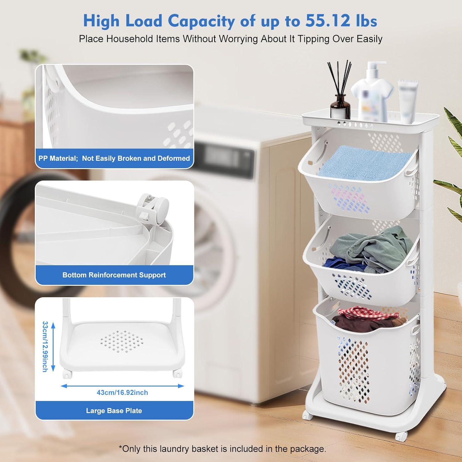 E-commerce Giant Tall 3-Bin Rolling Laundry Hamper Cart, White