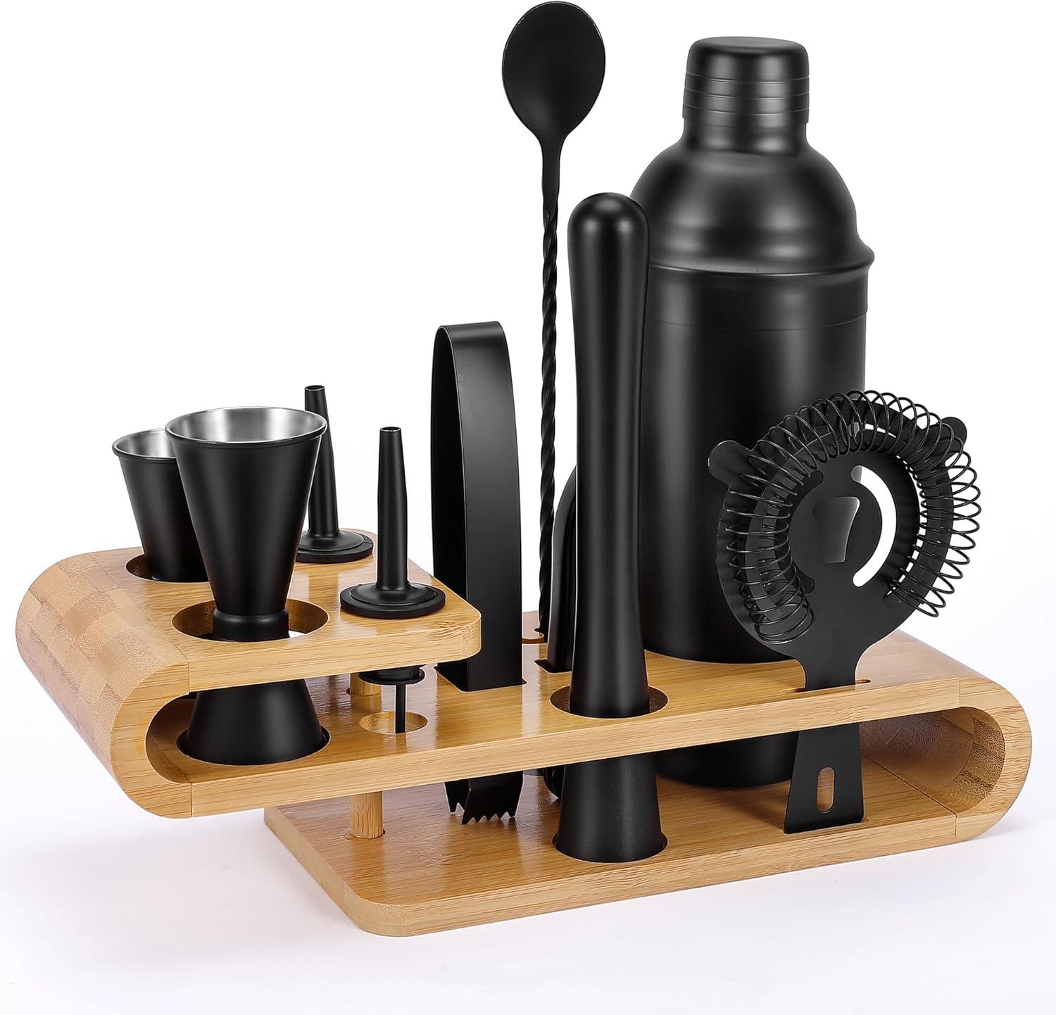 Black Stainless Steel 12-Piece Cocktail Shaker Set with Bamboo Stand