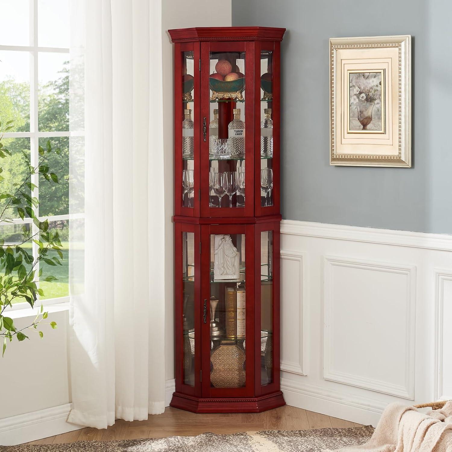 Lighted 3-Side Glass Display Curio Cabinet with Tempered Glass Doors and Shelves, Curved Wood Corner Cabinet with Bulb, Cherry