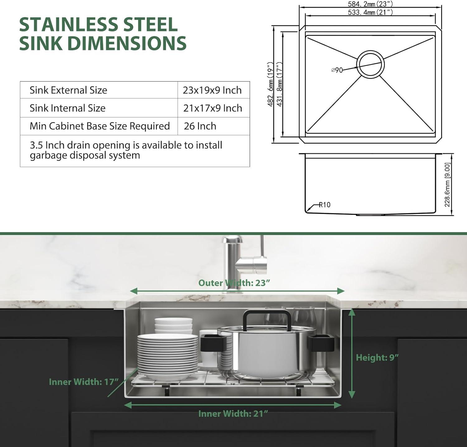 23x19 Inch Undermount Kitchen Workstation Sink - 16 Gauge 304 Stainless Steel Single Bowl With Ledge - Deep Handmade RV Bar Sink