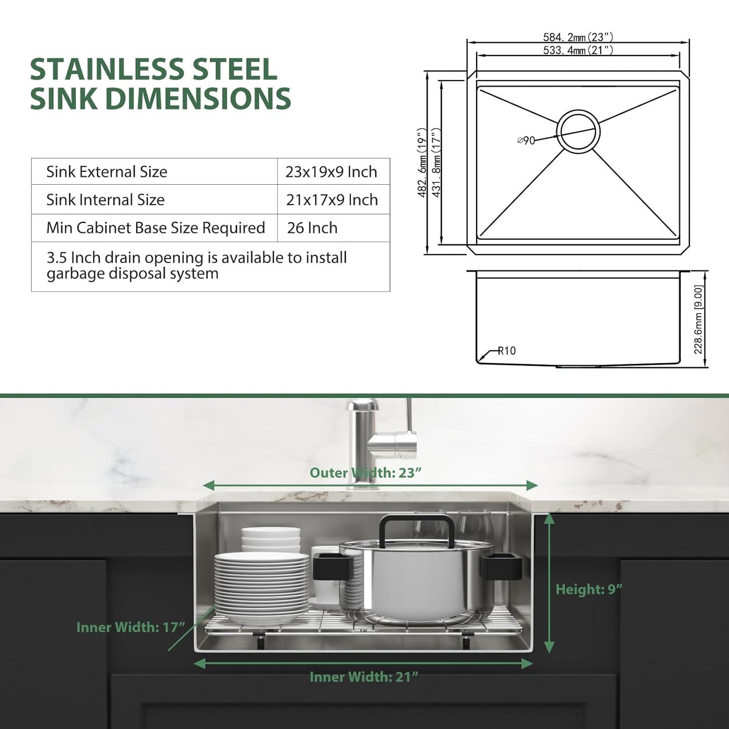 23x19 Inch Undermount Kitchen Workstation Sink - 16 Gauge 304 Stainless Steel Single Bowl With Ledge - Deep Handmade RV Bar Sink