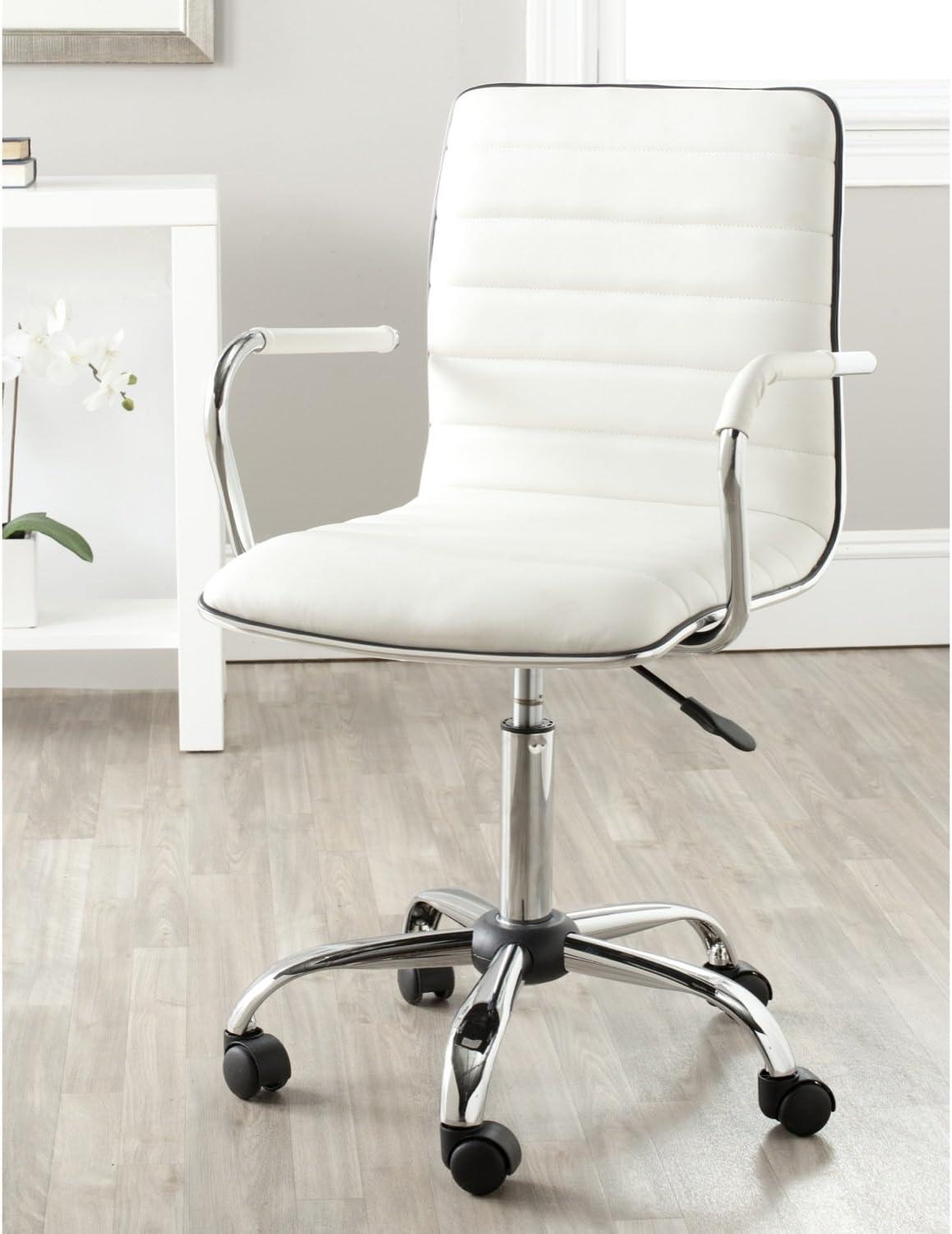 Transitional White Leather Swivel Arm Chair with Metal Base