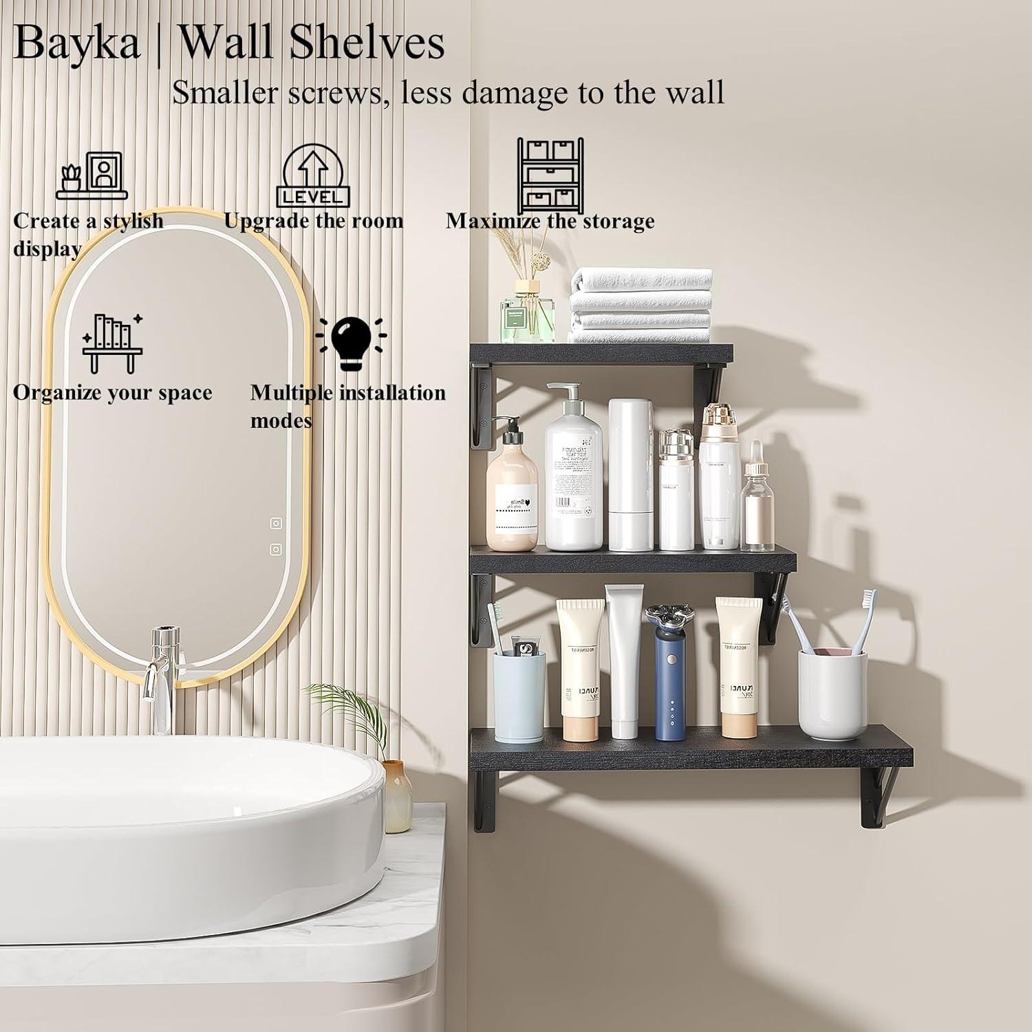 BAYKA Wall Mounted Floating Shelves, Wood Floating Wall Shelf for Books & Decor, Small Space-Saving Display & Organizer（Black，Set of 3）