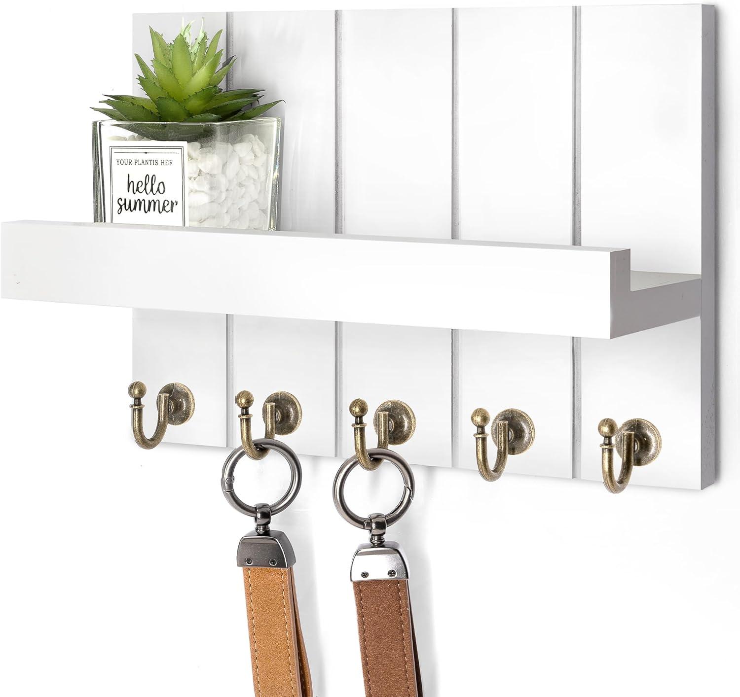 Rebee Vision Key Holder Wall Mount - Decorative Key and Mail Organizer for Wall with Shelf - Entryway and Living Room Decor(White)