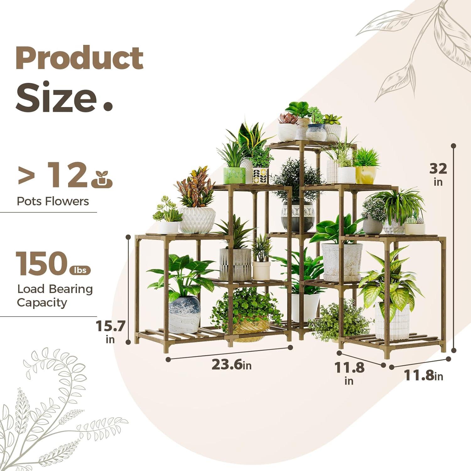 Bamworld Plant Stand Indoor Outdoor Tall 5-Tier Corner Plant Shelf 13 Potted Flower Shelves Wooden Plant Stands Garden Wood Plant Holder Rack for Living Room Balcony Patio Decor Gifts for Women Mom